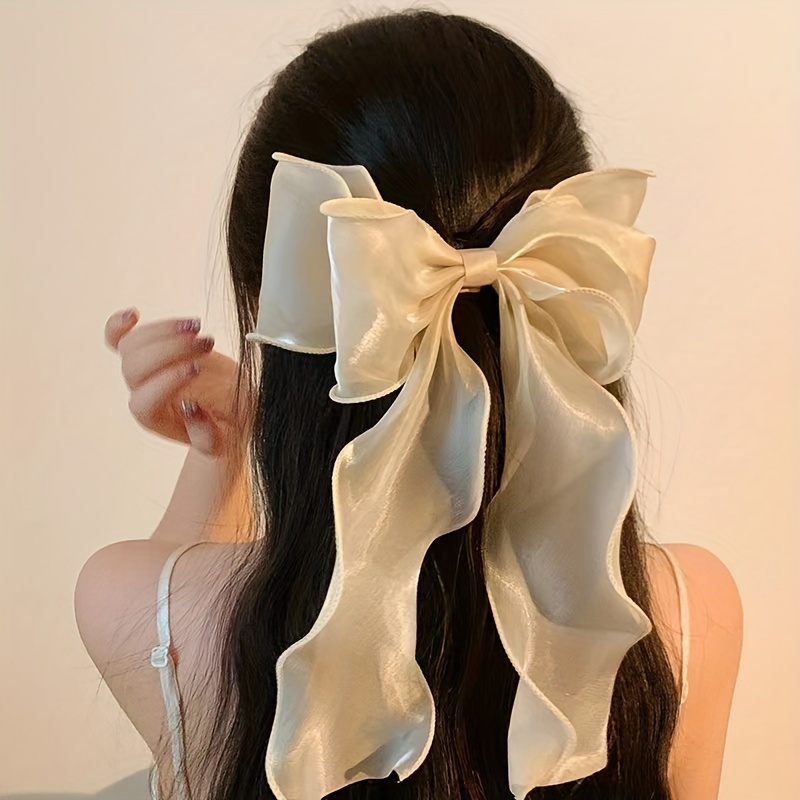 

Solid Color Mesh Bow Ribbon Hairpin Elegant Back Head High Ponytail Headwear Large Satin Butterfly Headdress