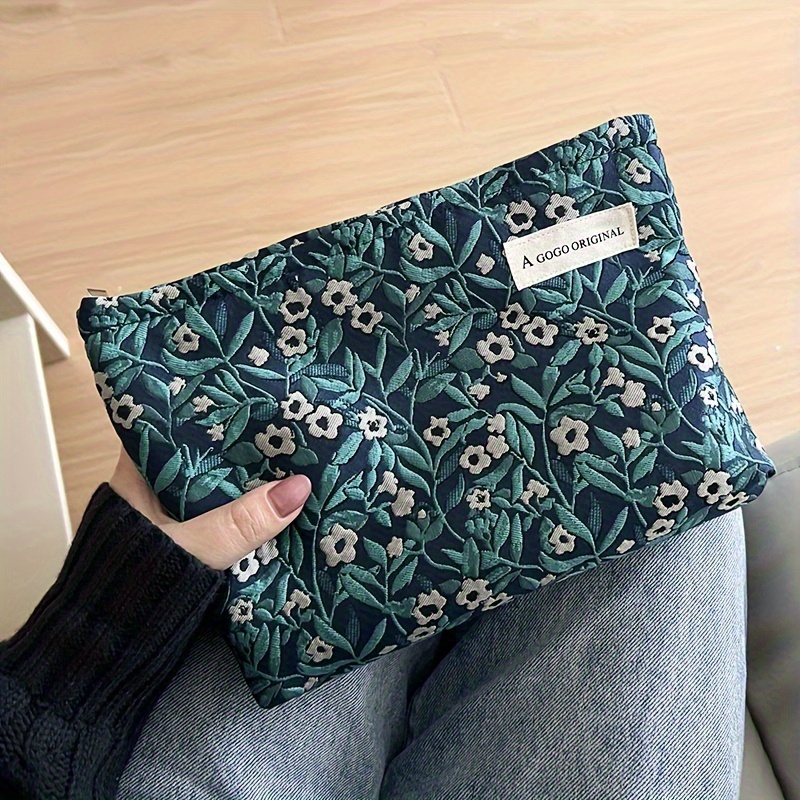 

1pc Floral Pattern Makeup Bag, Vintage Elegant Green Travel Zipper Cosmetic Pouch, Toiletry Organizer For Women Men