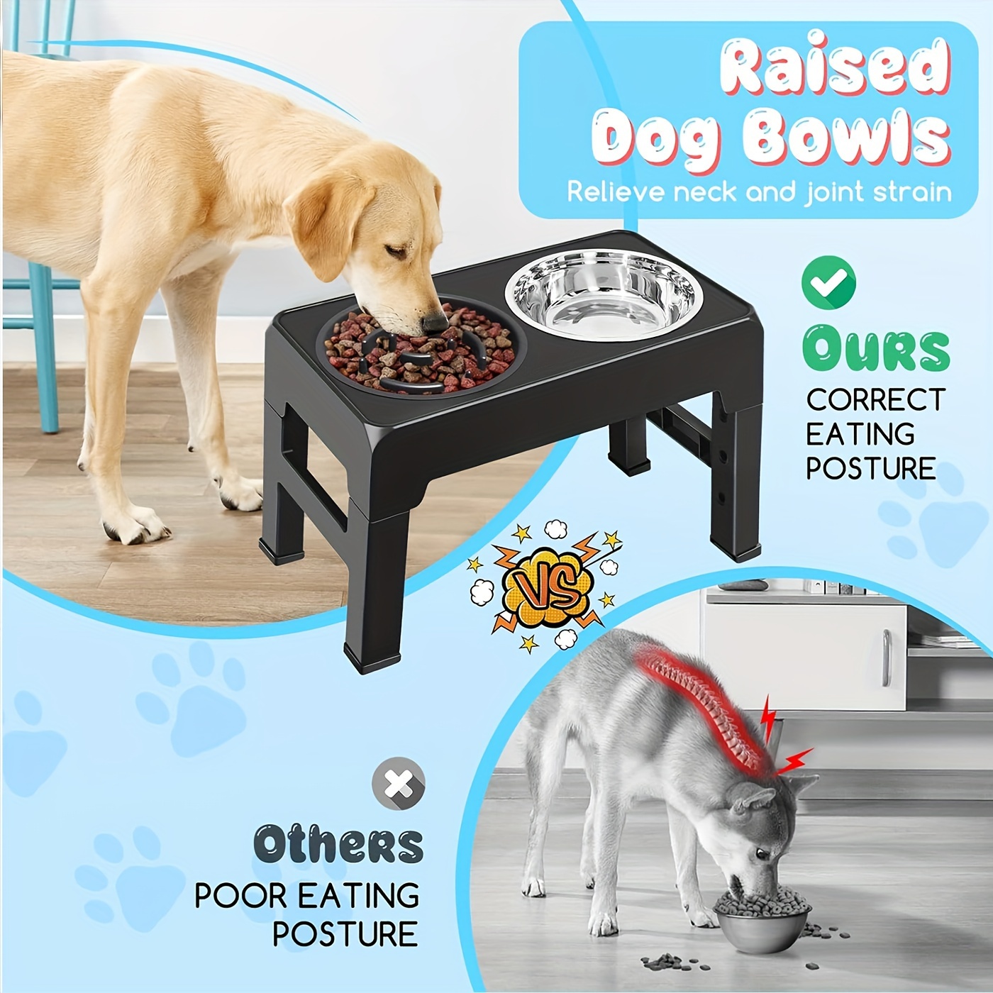 Adustable Elevated Dog Double Bowls 1 Raised Slow Feeder Dog - Temu