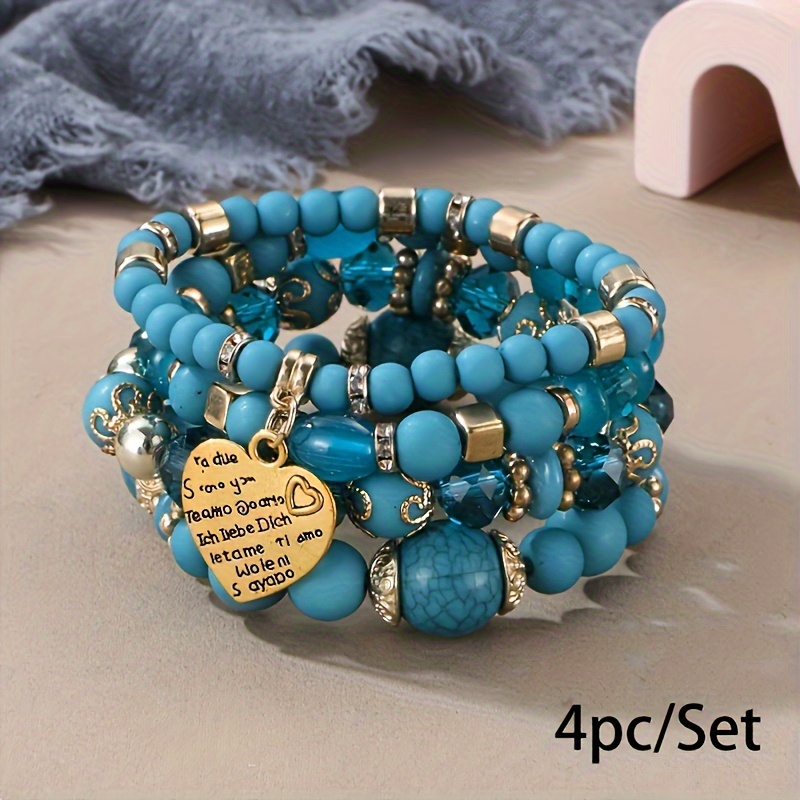 Heart Charm Beads Layered Bracelet Set Pompomia Bracelet - Temu
