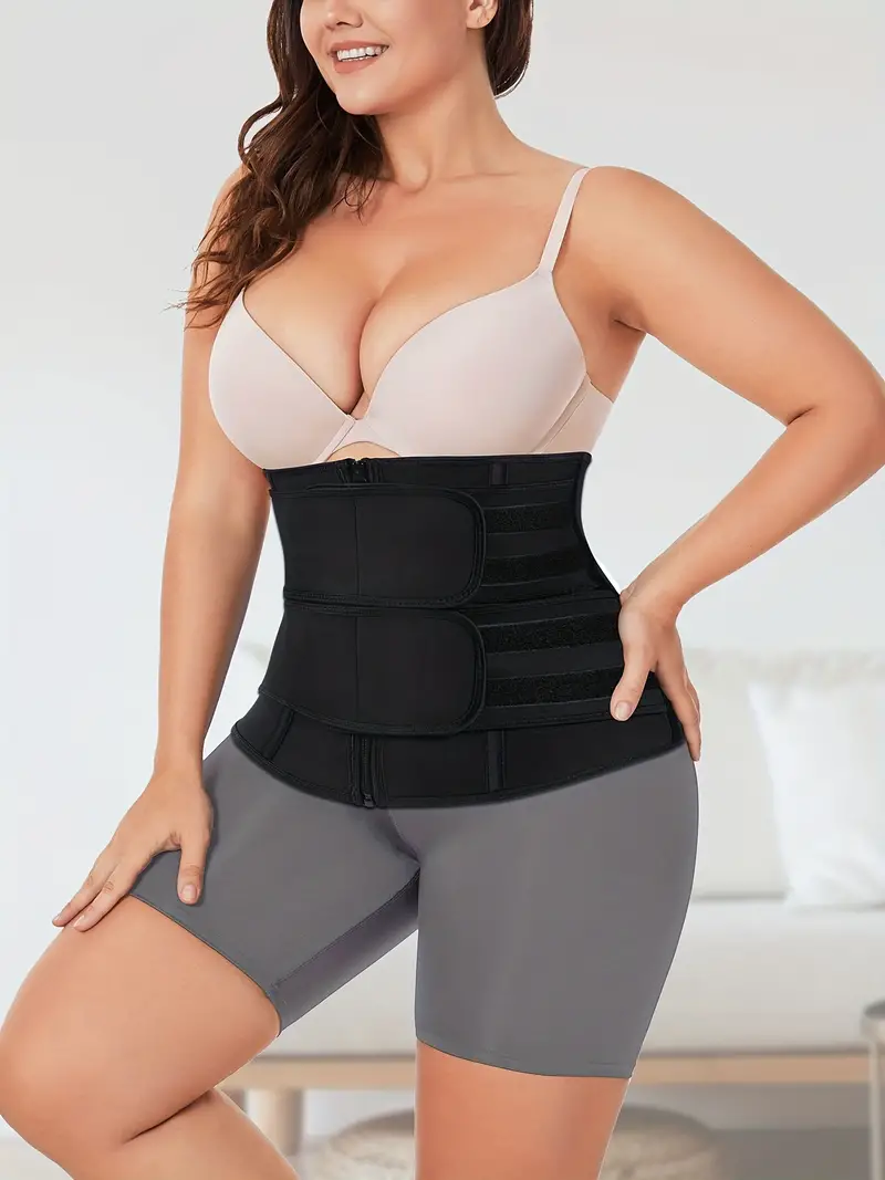 2 Pack Plus Size Sports Shapewear Set, Women's Plus Zipper Durable Fabric  Hooks Closure Tummy Control Waist Belt 2pcs Set