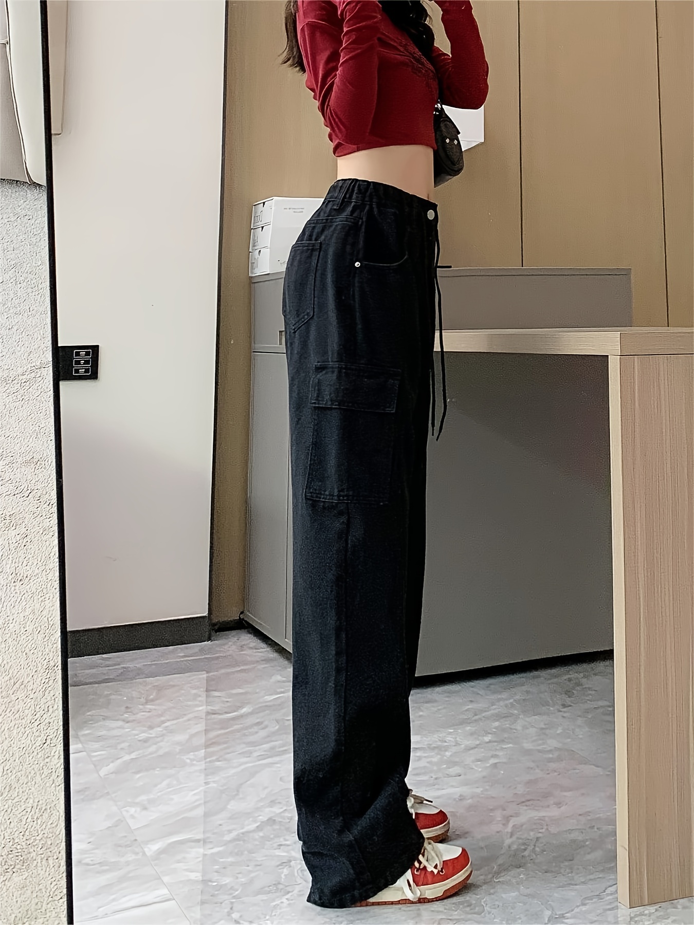 Flap Pockets Chic Cargo Pants Loose Fit Y2k Kpop Style - Temu