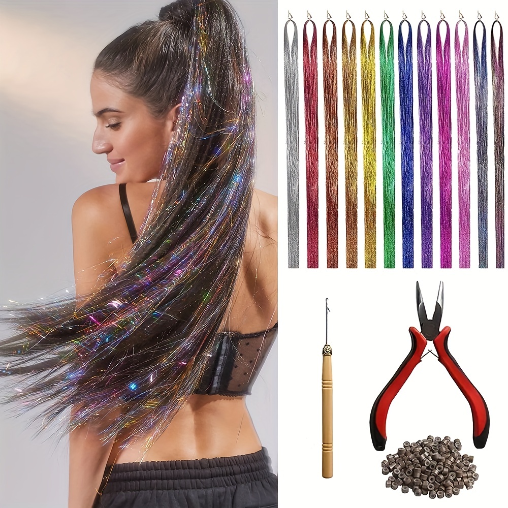 Tinsel Hair Extension with Tools 48 Inches 3200 Strands 16 Mixed Colors Hair Extension Tinsel Kit Glitter Hair Extensions, Human Hair Extensions