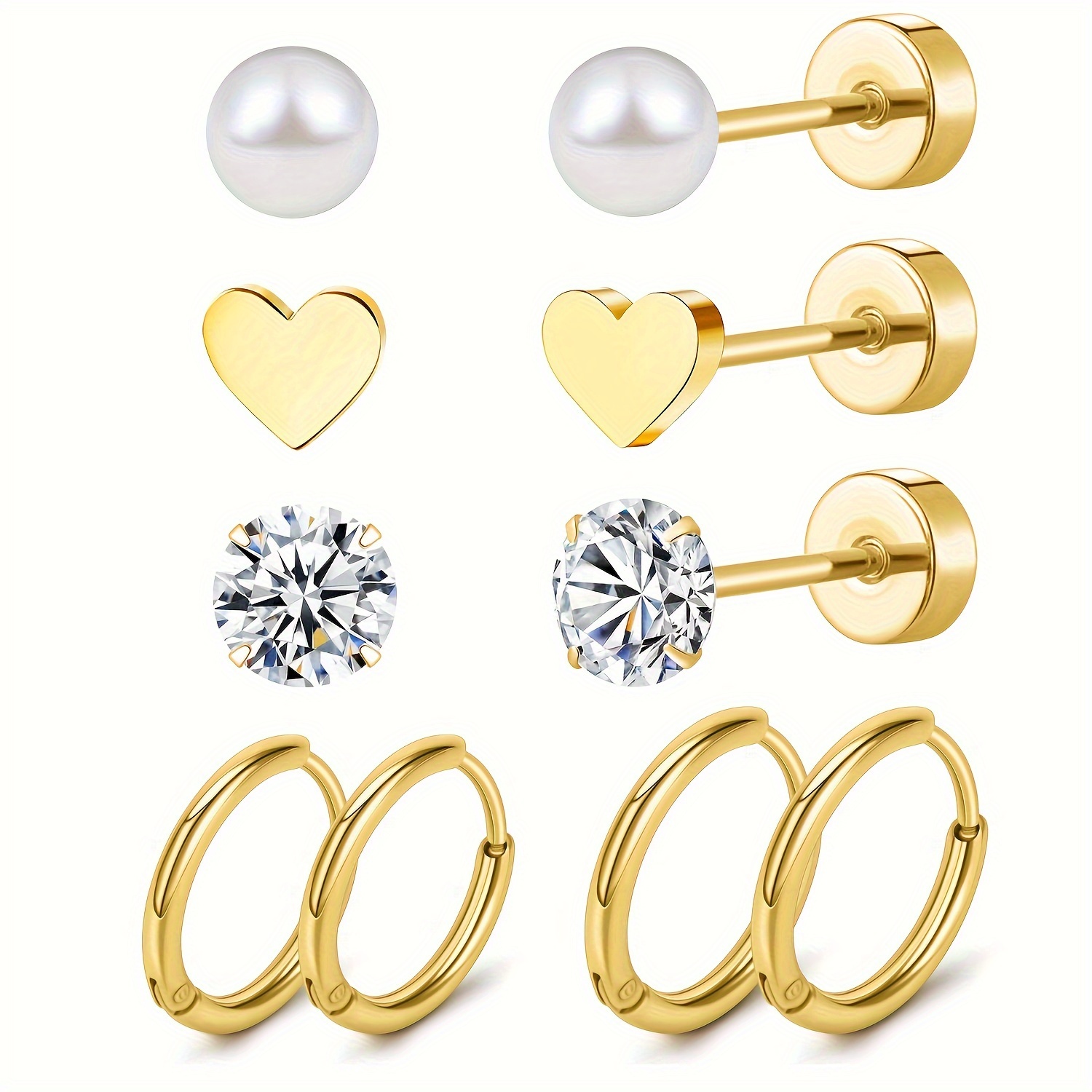 Image of 10pcs Flat Back Stud Earrings Stainless Steel Synthetic Zirconia Stud Earrings Love Heart Pearl Piercing Cartilage Women's Stud Earrings Set