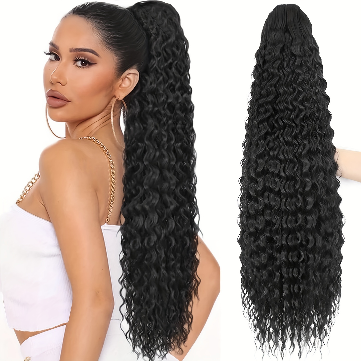 

Drawstring Ponytail Human Hair Extensions With Clips Natural Color Deep Wave For Women Clip In Hair Extensions Wrap Ponytail