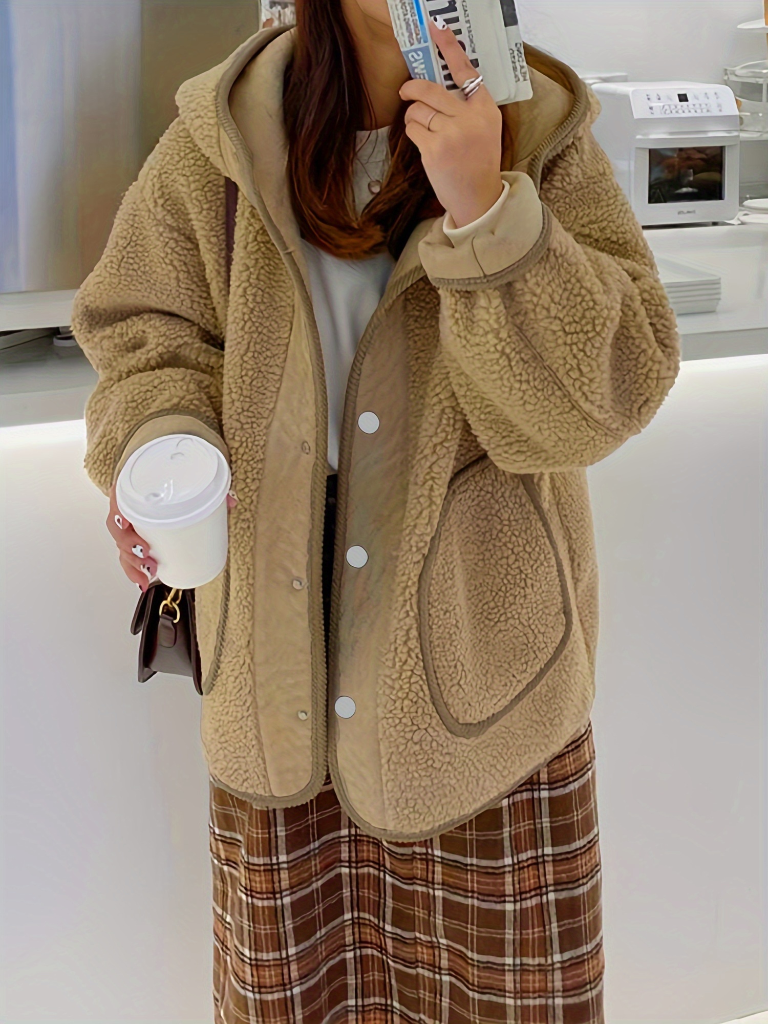 Solid Hooded Teddy Coat Casual Button Front Long Sleeve Temu