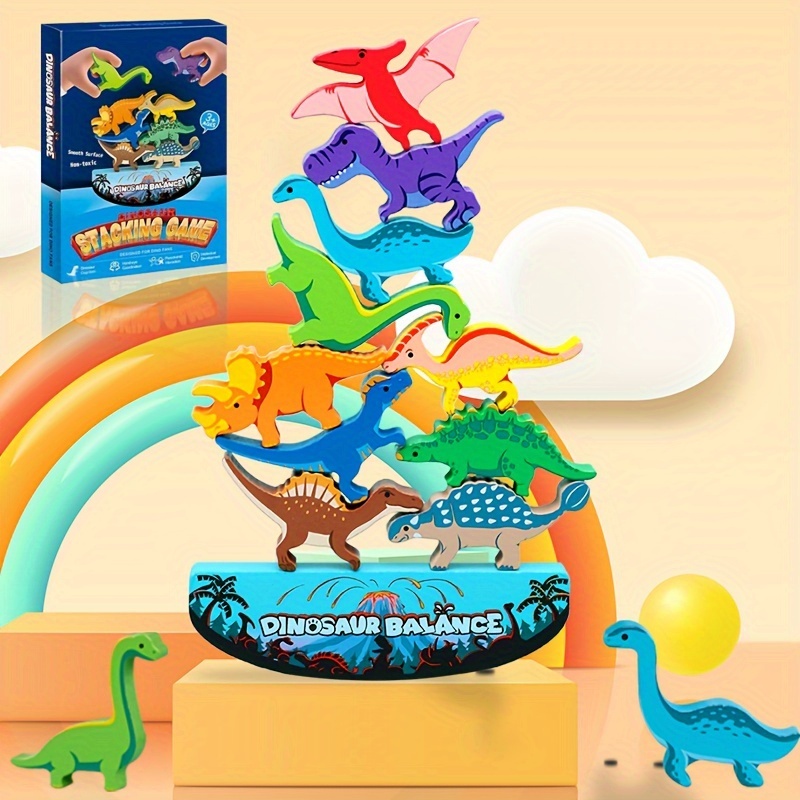  IPOURUP Juguetes de dinosaurio para niños de 3 a 5 años:  juguetes Montessori apilables de madera para niños de 3 a 7 años, juego de  competencia de equilibrio para la familia