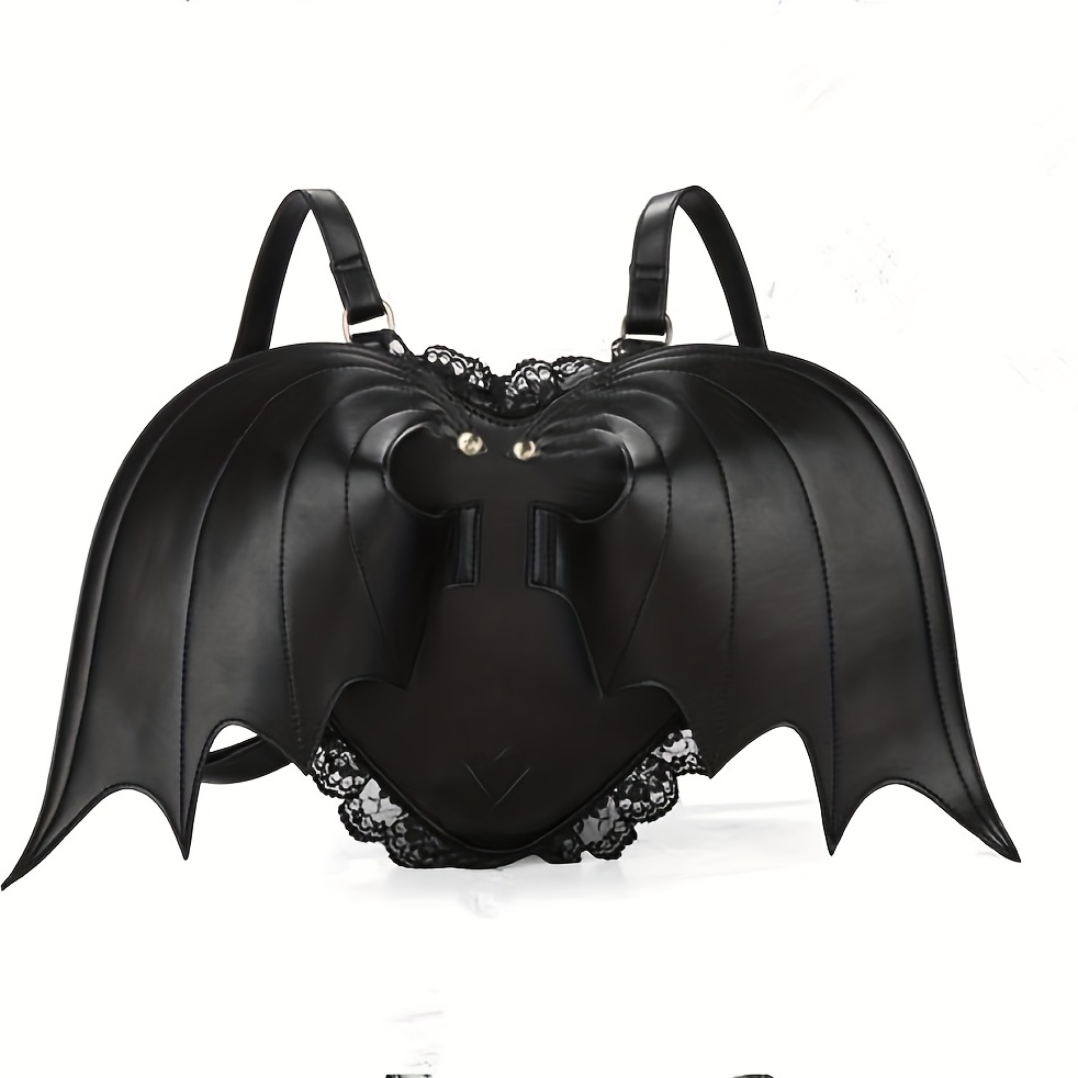 Bat Wings Decor Backpack, Halloween Gothic Love Shaped Rucksck, Y2K Solid Color Zipper Storage Bag