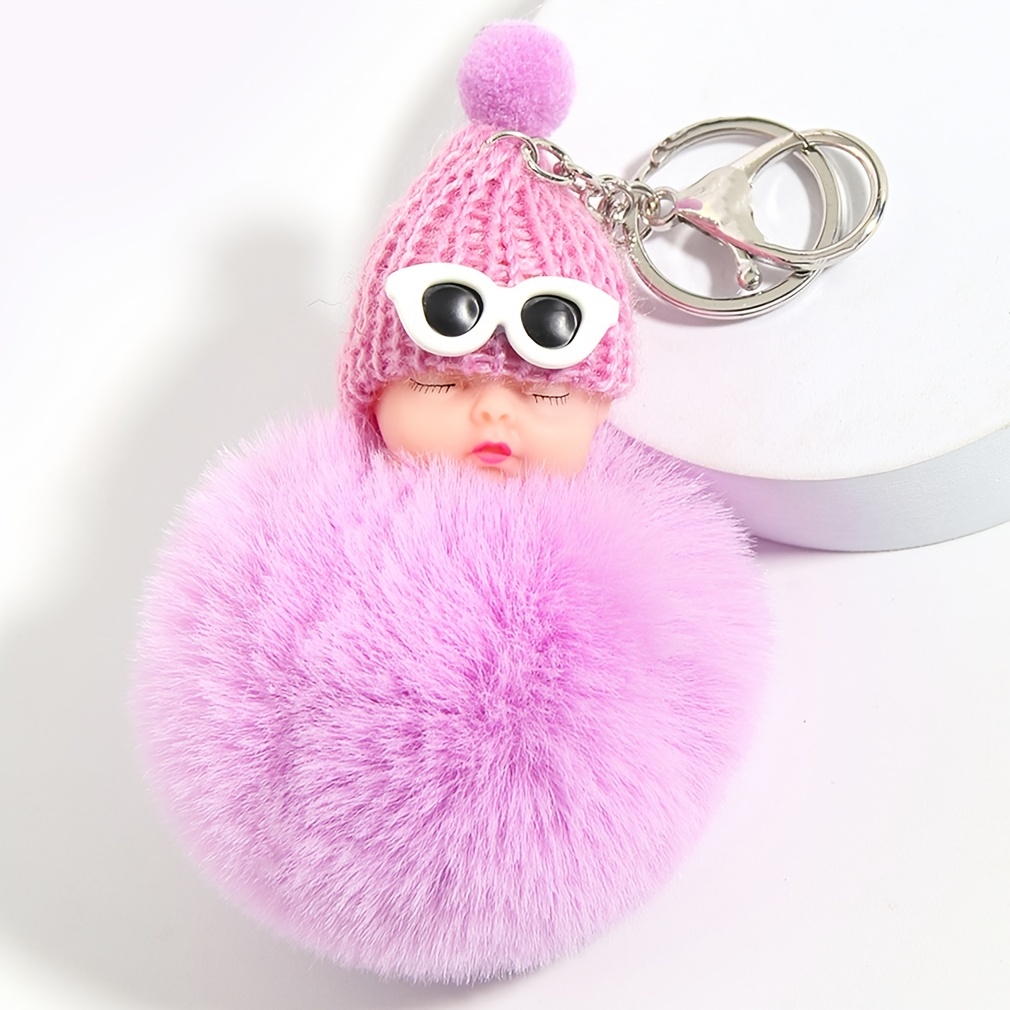 Cute Plush Doll Fur Fluffy Pompom Keychain Wearing Sunglasses