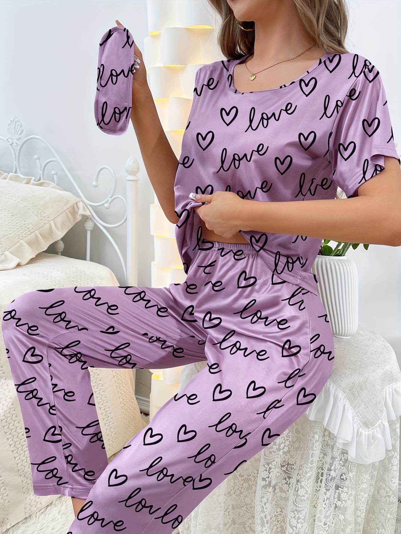 Cute Letters Love Print Pajamas Set Casual Short Sleeve Top - Temu Canada