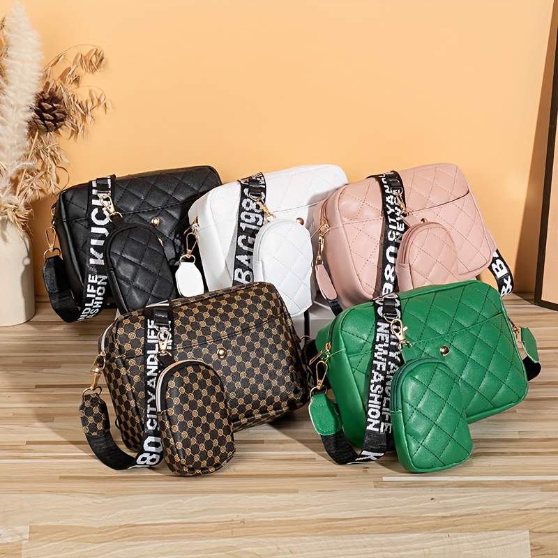 2pcs Argyle Quilted Bag Set, Trendy PU Leather Shoulder Bag, Women's Small Crossbody Bag with Coin Purse,Temu