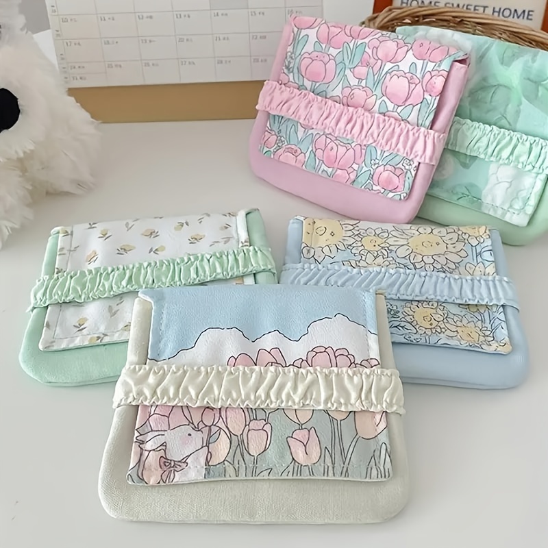 Small Cute Cosmetic Bags Floral Plaid Print Sanitary Napkin Holder Pouch  Girl Women Coin Money Card