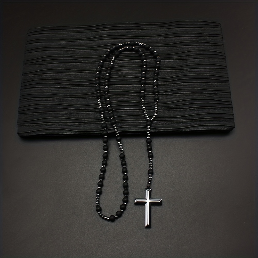 

Black Religious Cross Pendant Black Glitter Matte Agate Black Gallstone Long Chain Sweater Chain Men's Rosary