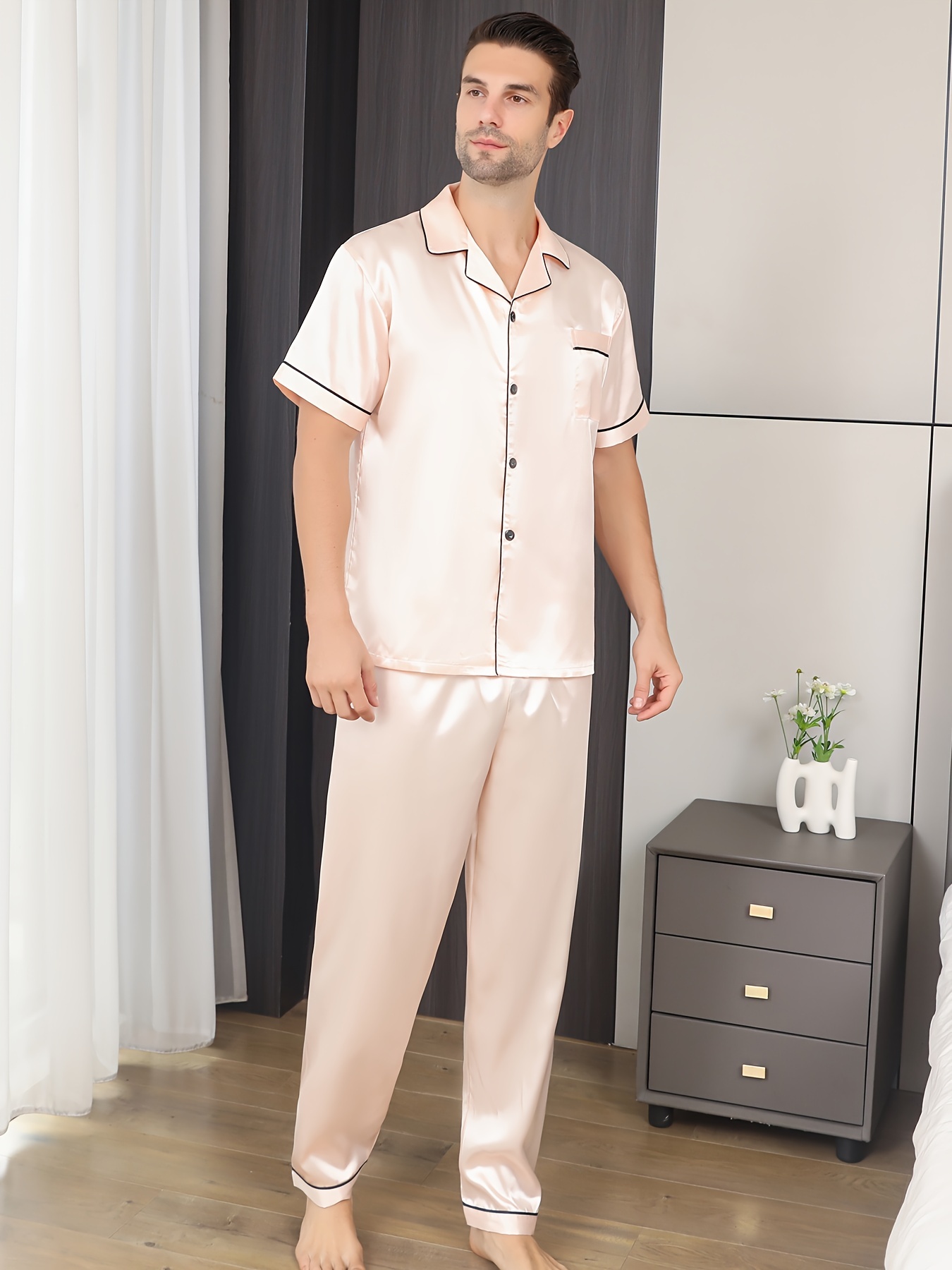 Pijama Hombre Satin Dos Piezas Con Bolsillo XL Dorado