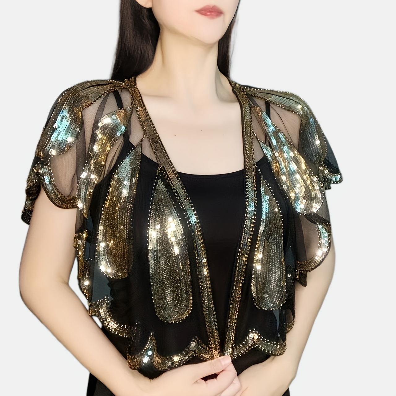 Leaf Embroidery Sequin Shawl Women's 1920s Shawl Wrap Beaded Evening Cape