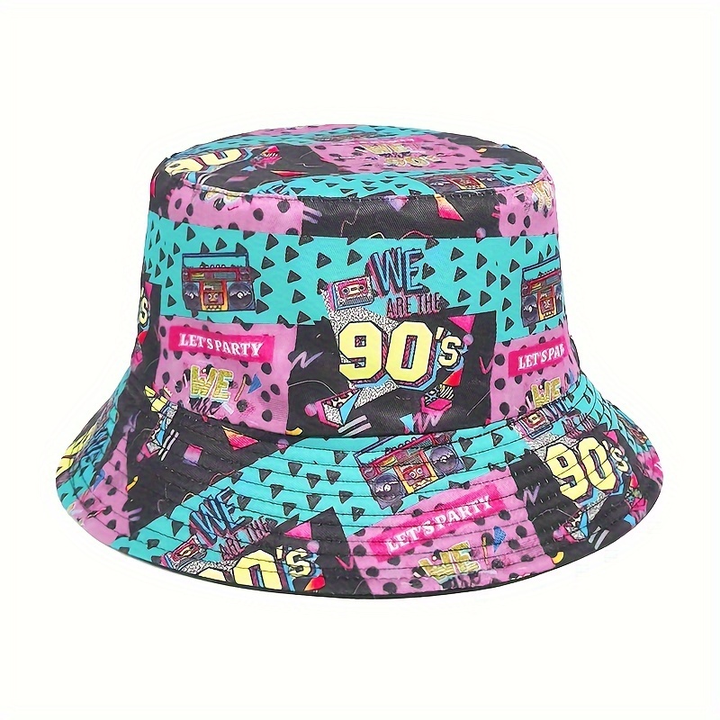 Retro 90s Tape Print Bucket Hat Dual-Sided Street Cap with Cd  Design, Green Polyester Fisherman Hat for Men, Machine Washable, Street  Style
