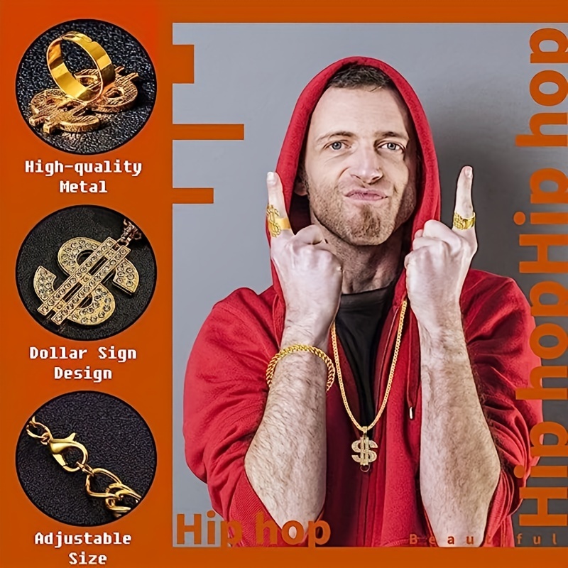  Dreamtop 8Pcs Hip Hop Costume Accessories kit, 80s 90s Hip Hop  Fancy Dress Accessories with Gold Dollar Sign Necklace Bracelet Hip Hop  Rings Earrings Sunglasses Women Men : Clothing, Shoes 