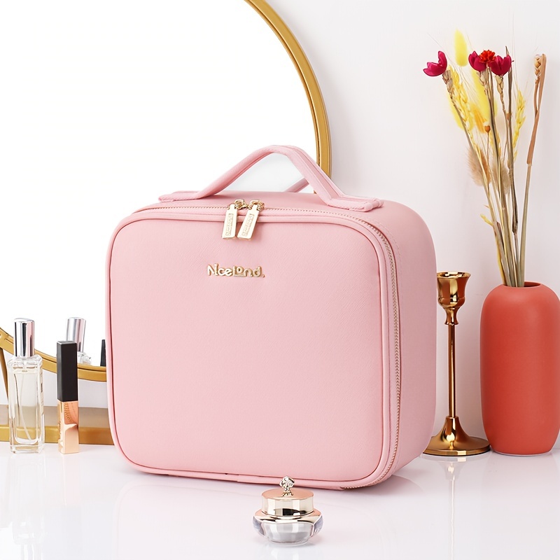 Image of Niceland Synthetic Leather Makeup Bag With Full Mirror - Travel-friendly Portable Cosmetic Organizer, Compact Mirror Case Suitable For & Daily Use, Stylish Mirror-holding Storage Bag
