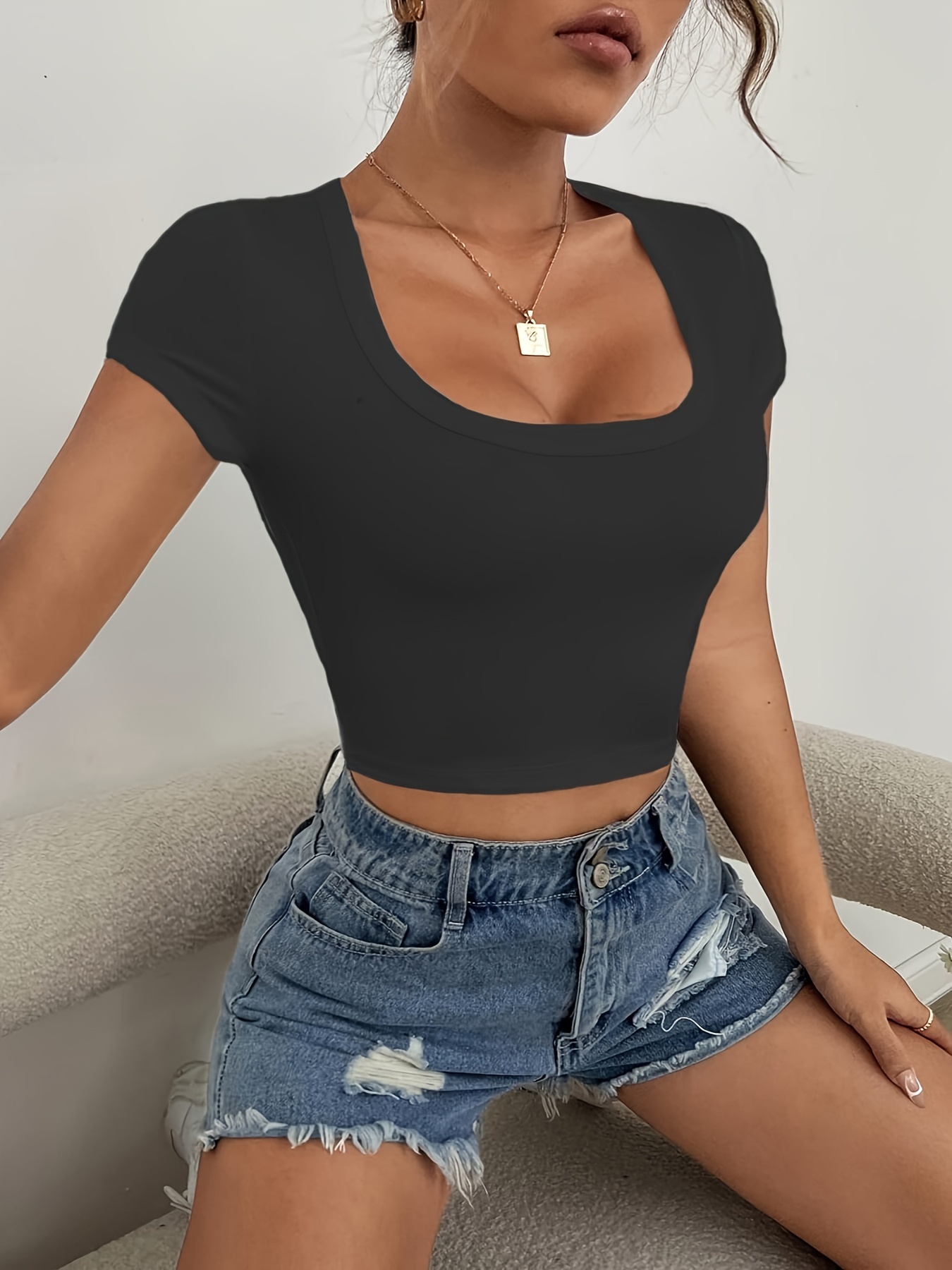 Black plain crop t shirt, Cropped t shirts women