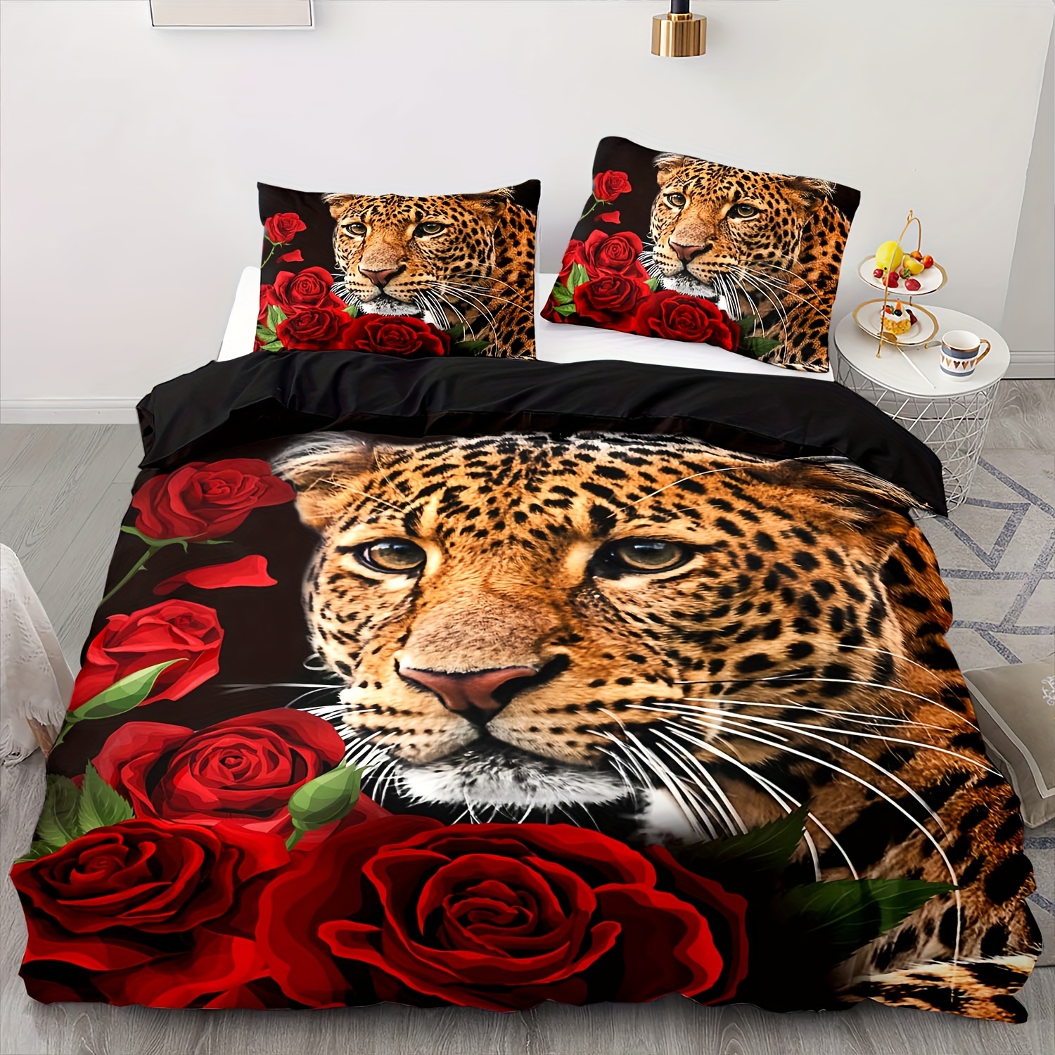 TEMU 3pcs Duvet Cover Set, Rose Leopard Print Bedding, Leopard Print Duvet Cover Set, Leopard Print Bed Set, Rose Bedding, Duvet Cover Set, Bedding