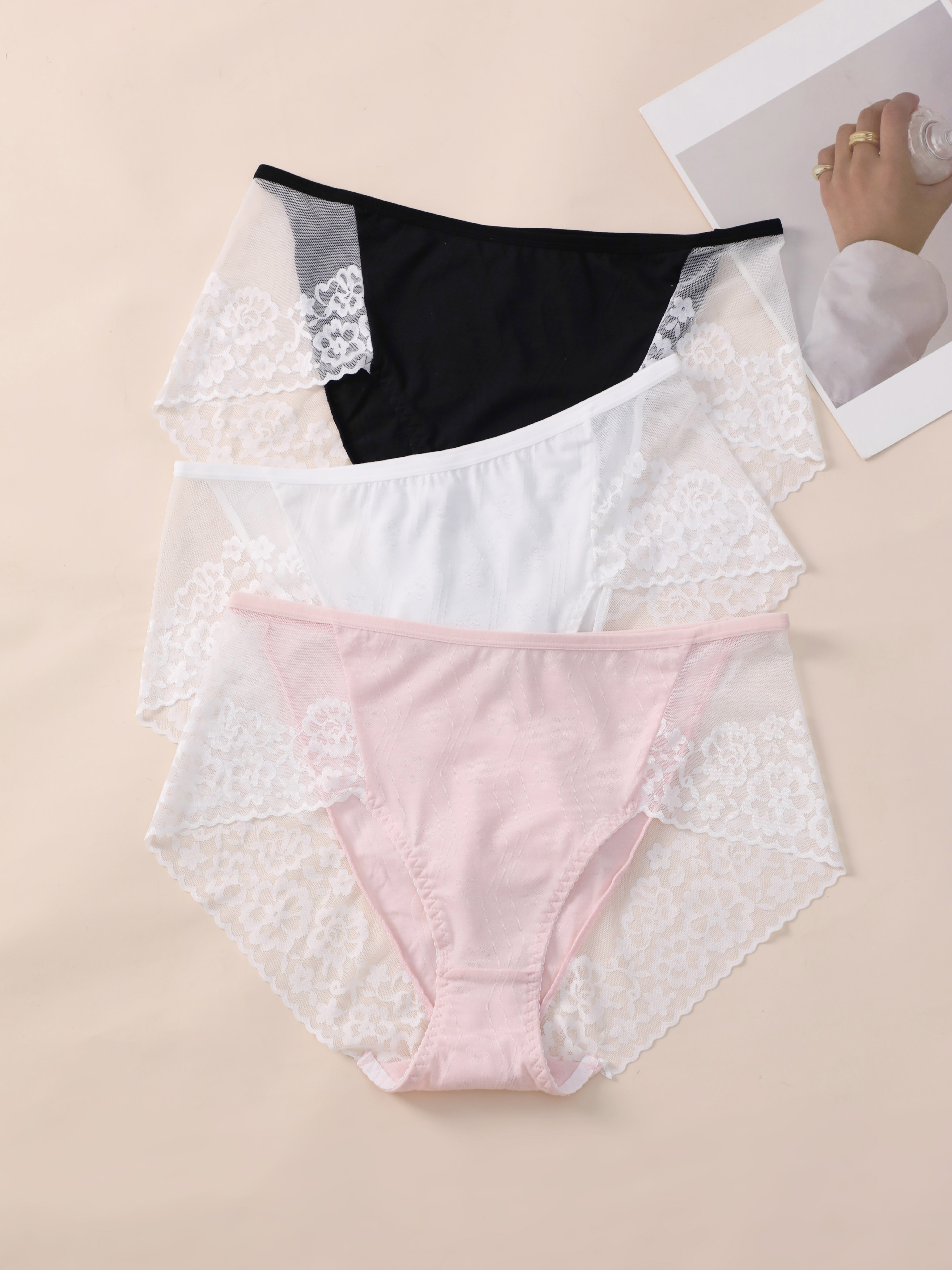 3 Pack Plus Size Elegant Panties Set, Women's Plus Contrast Lace Soft  Medium Stretch Briefs 3pcs Set
