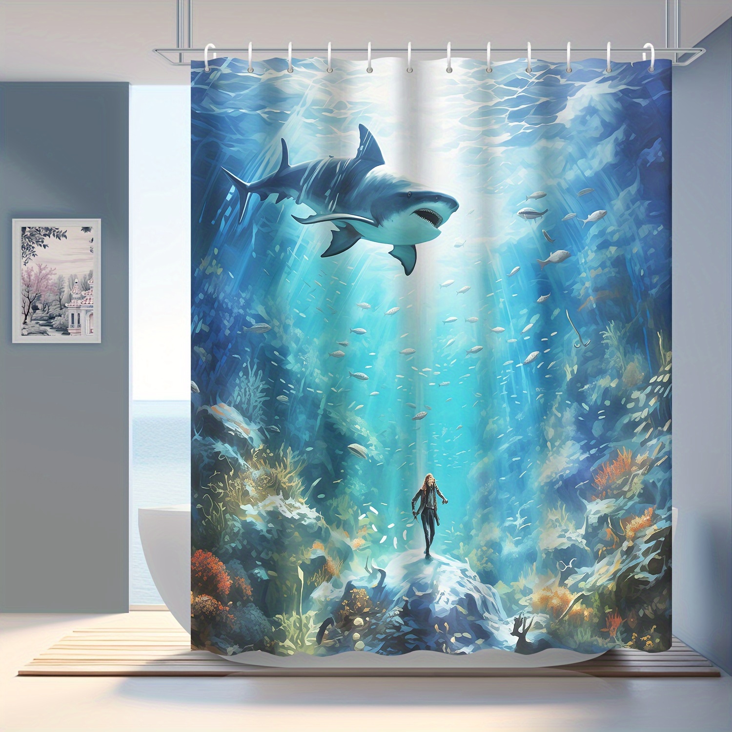 Shark Diver Printed Shower Curtain Waterproof Shower Curtain
