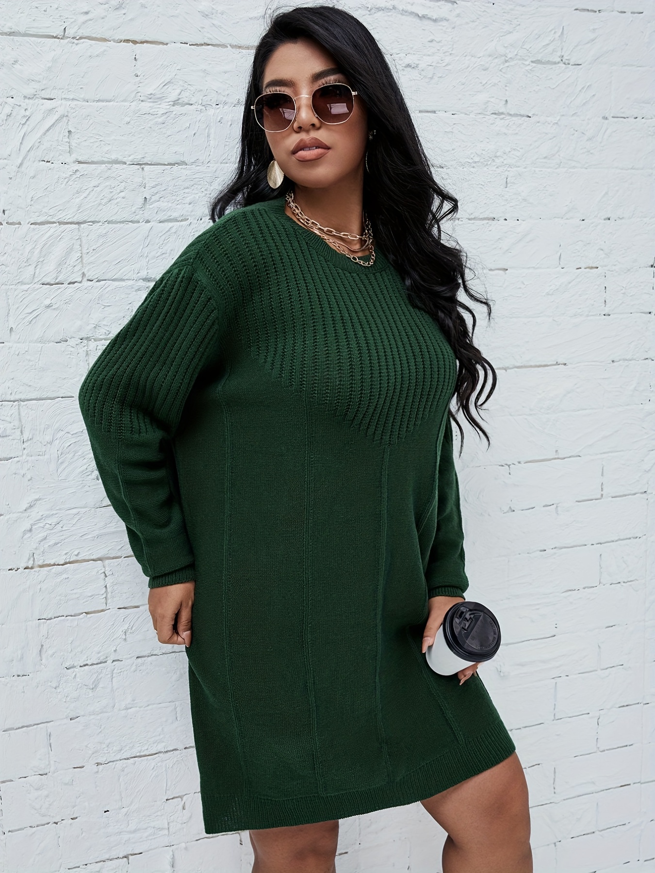 Plus Size Casual Dress Women's Plus Solid Ribbed Long Sleeve