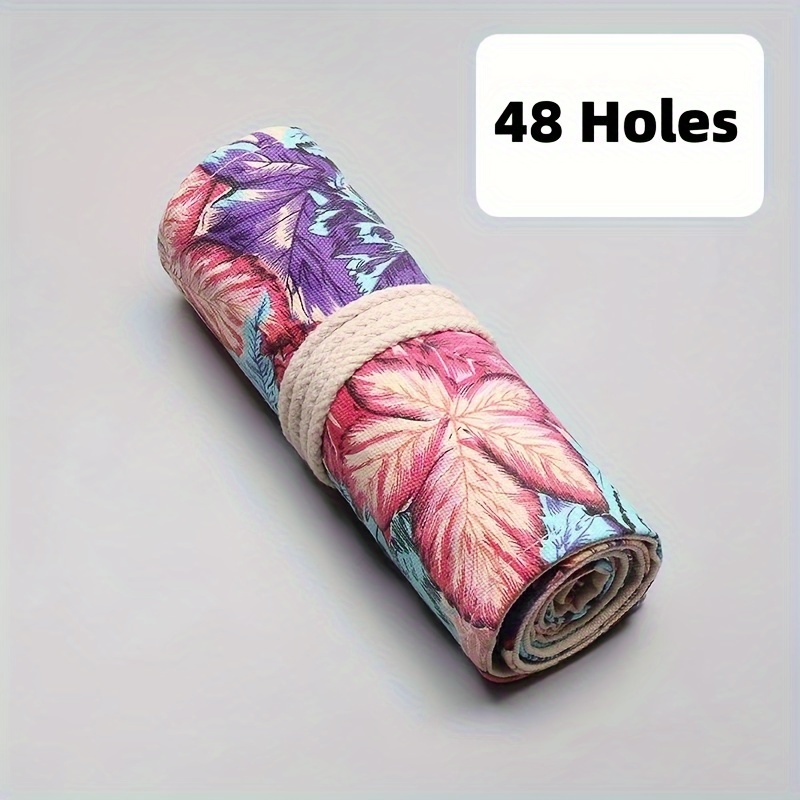 Image of 12/36/48/72-hole Creative Handmade Maple Leaf Canvas Pencil Roll, Large Capacity Roll-up Pencil Case, Sketching Stationery Box, Simple Pencil Pouch, Pen Holder, Makeup Brush Organizer