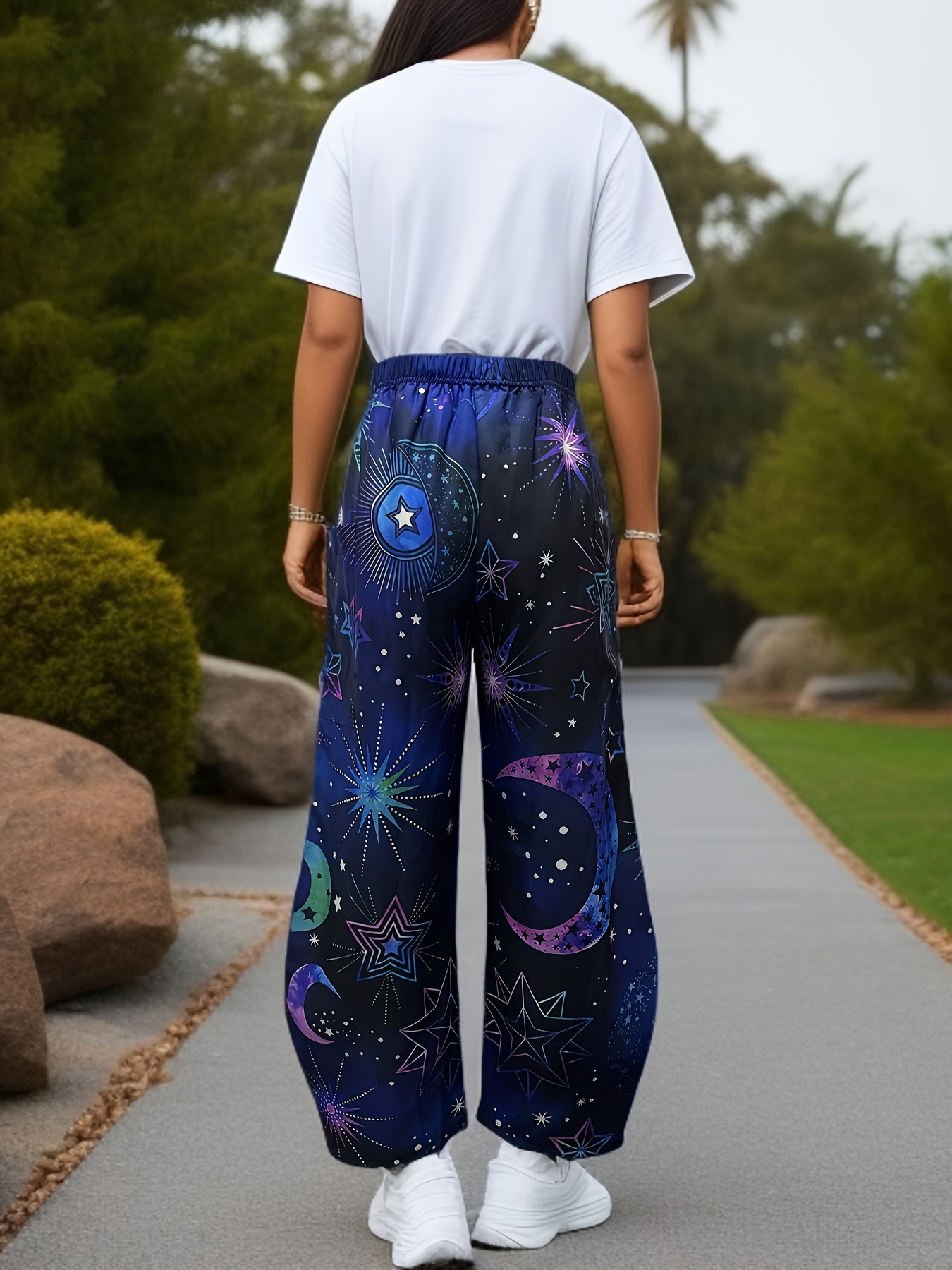 Sun & Moon Print Wide Leg Pants, Casual Elastic Waist Palazzo Pants With  Pocket, Women's Clothing