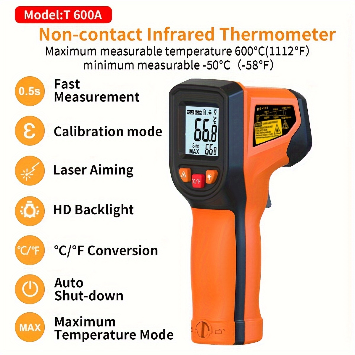 T-600 Temperature Gun, Infrared Thermometer Gun, Handheld Non-contact High  Temperature Gun, Suitable For Industrial, Cooking Tester, Pizza Oven, Car
