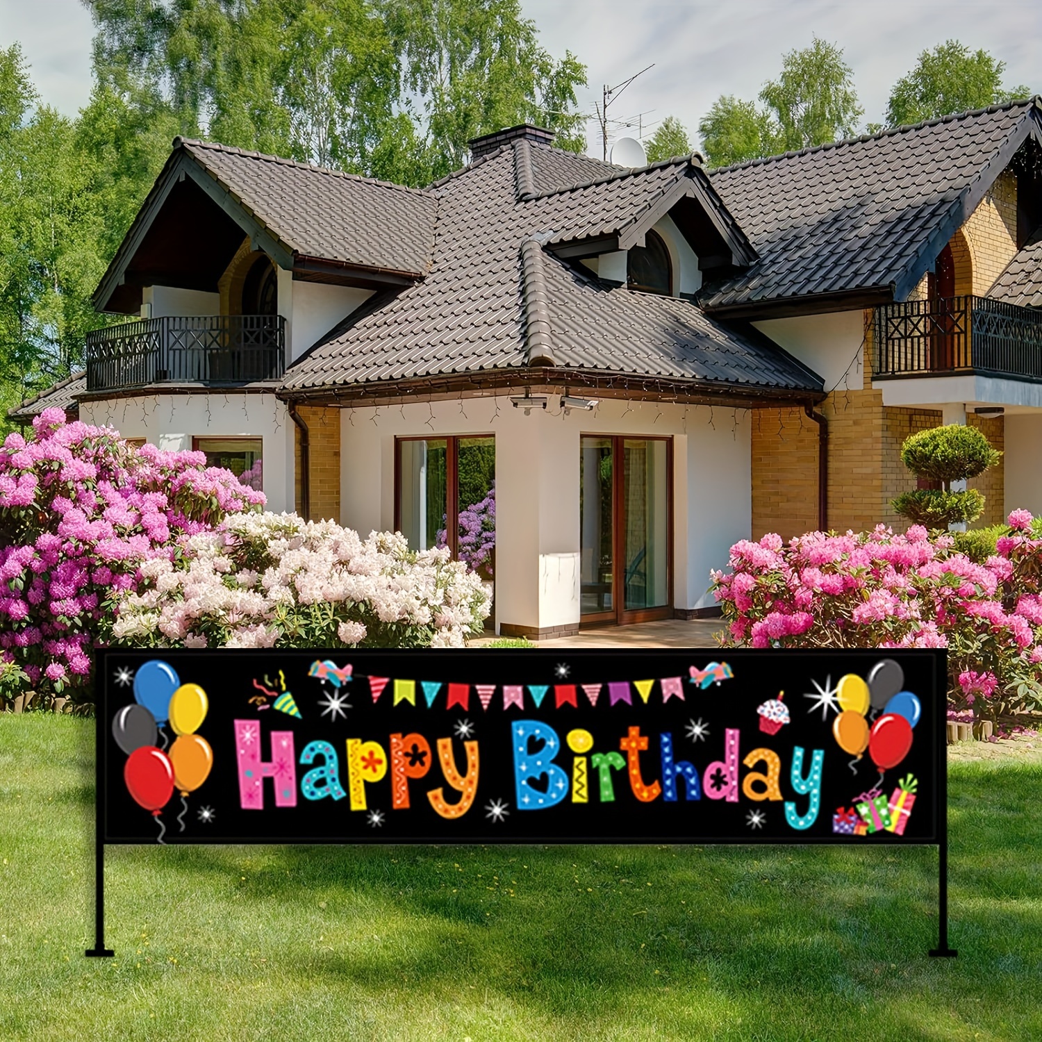 

Large, Colorful Happy Birthday Yard Banner - Outdoor & Indoor Party Decoration - Black Fabric With Vibrant Lettering And Balloons