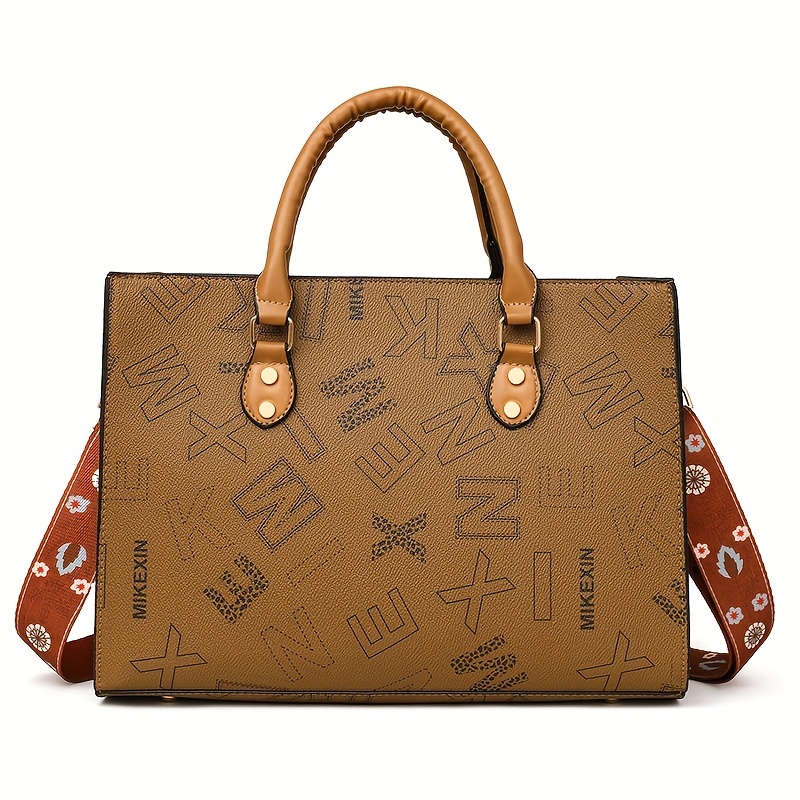 Stylish Letter Print Tote Bag For Women, Vintage Vegan Leather