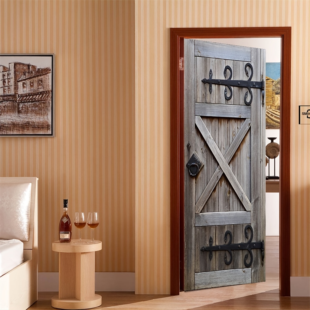 1pc Imitation Wooden Door Sticker, 30.31 * 78.74inch, 3D Door Sticker,  Movable Wall Sticker For Bedroom Living Room, DIY Renovated Wallpaper