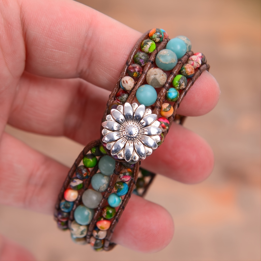 Colorful Beaded Bracelet Wrap Flower Charm Men