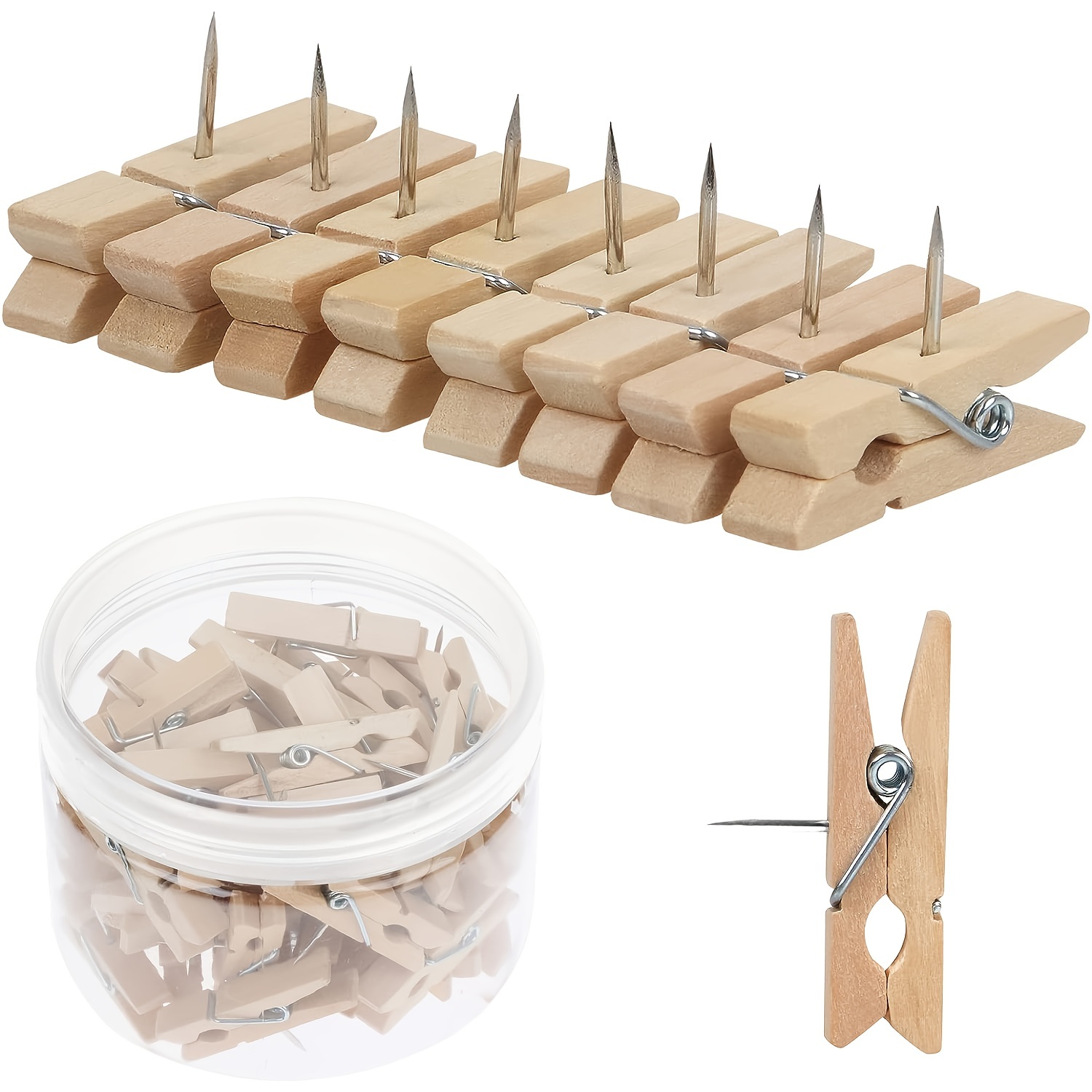 50 Pcs Thumbtack Clip Wooden Clips Push Pins Multipurpose Pushpin Metal  Pushpins Tacks Clothespins