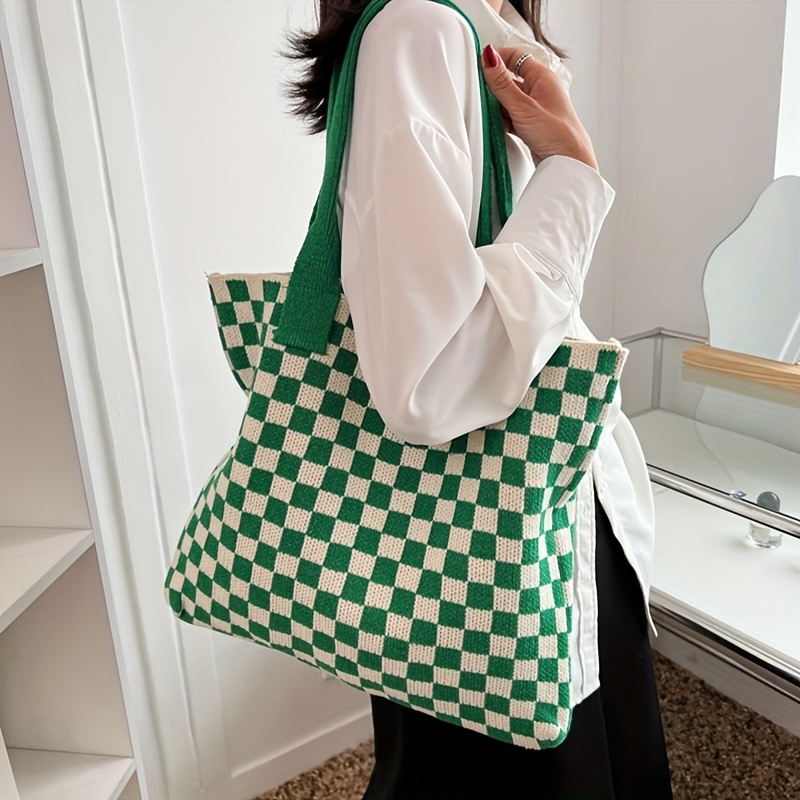 Stylish Large Capacity Checkerboard Shoulder Bag, All-Match Knitted  Handbag, Versatile Storage Bag