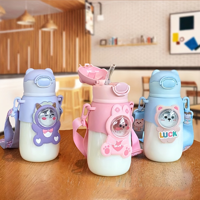 Kawaii Bear Water Bottle With Straw,portable Leak-proof Drinking