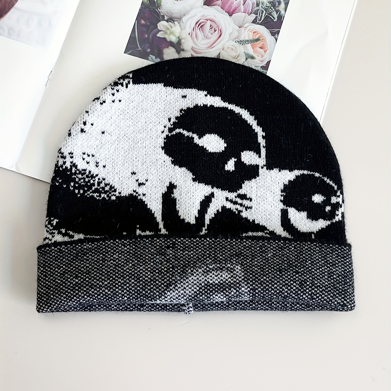Skull Impact Jacquard Beanie Lightweight Elastic Soft Breathable Knit Hat