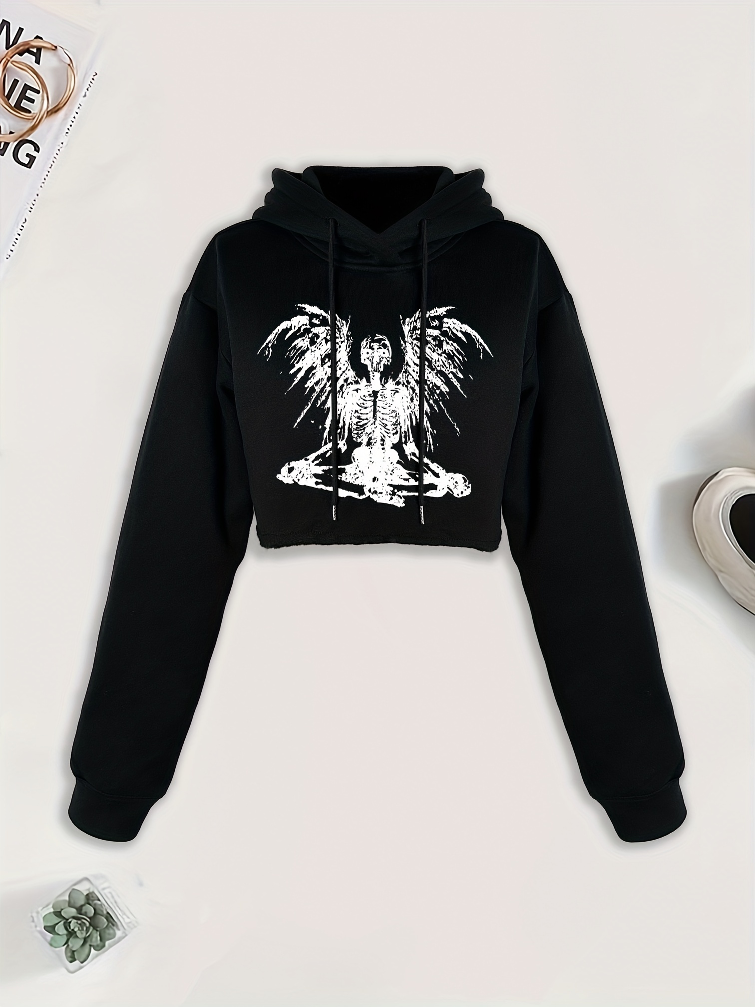 Skull Print Drawstring Hoodie Y2k Long Sleeve Drop Shoulder - Temu Canada