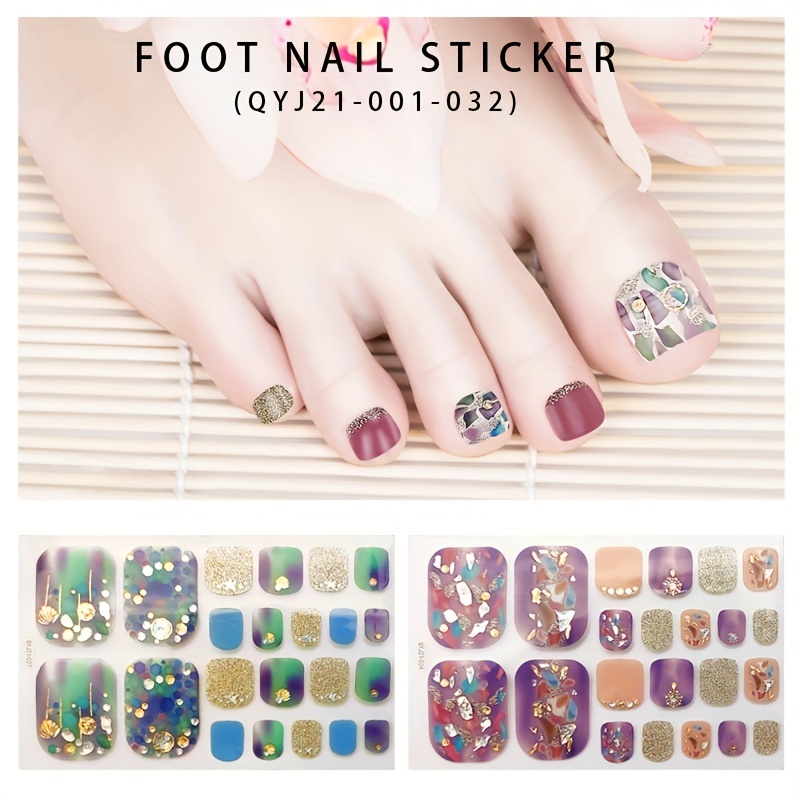 22pcs Gradient Toe Nail Stickers with Sequins and Glitter DIY Manicure Decals