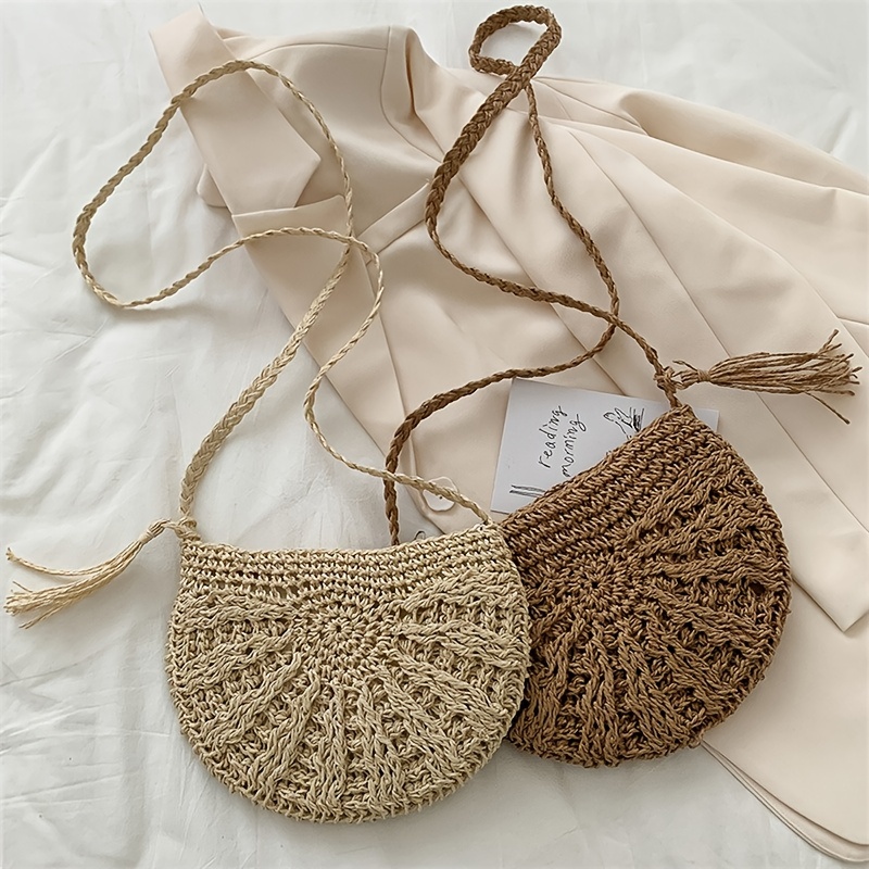Half-Round Woven Straw Bag, Women's Summer Crossbody Bag, Casual Beach  Handbag For Holiday straw bag Half-Round Rattan Woven Straw Bag, Simple  Summer