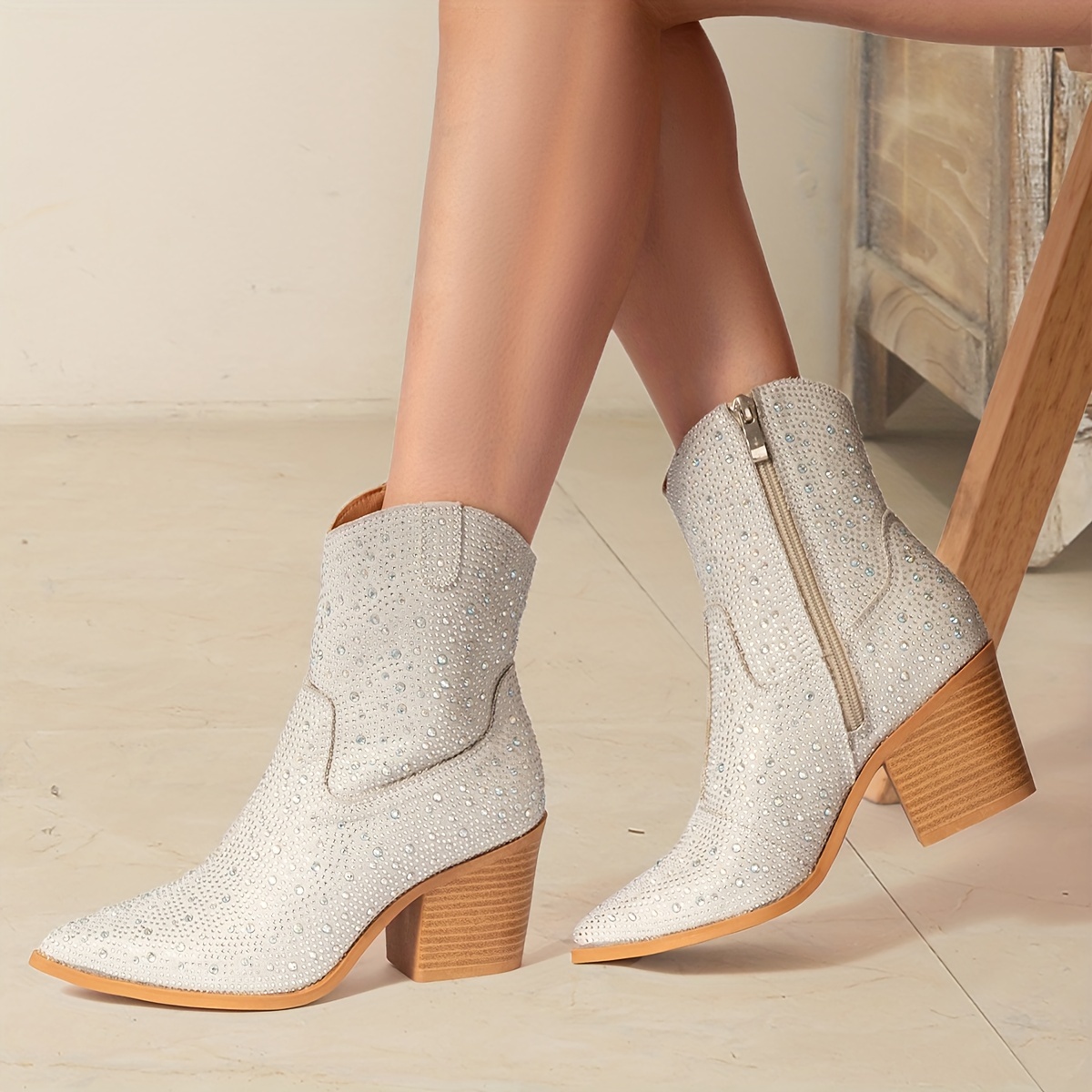 Women's Rhinestone Pattern Boots Side Zipper Chunky Heel - Temu Cyprus