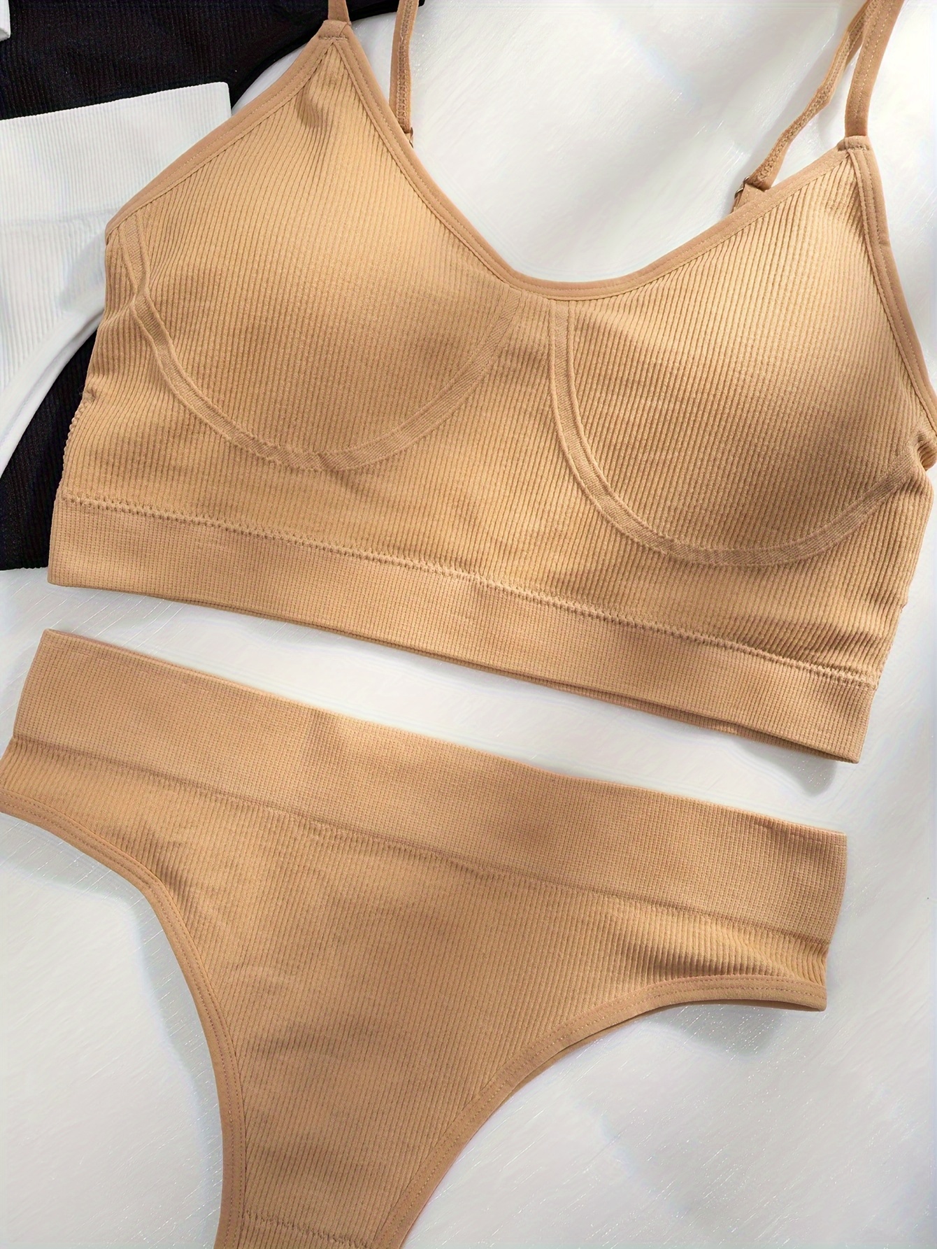 Solid Ribbed Bra Panties Padded Bra Thong Lingerie Set Temu Australia