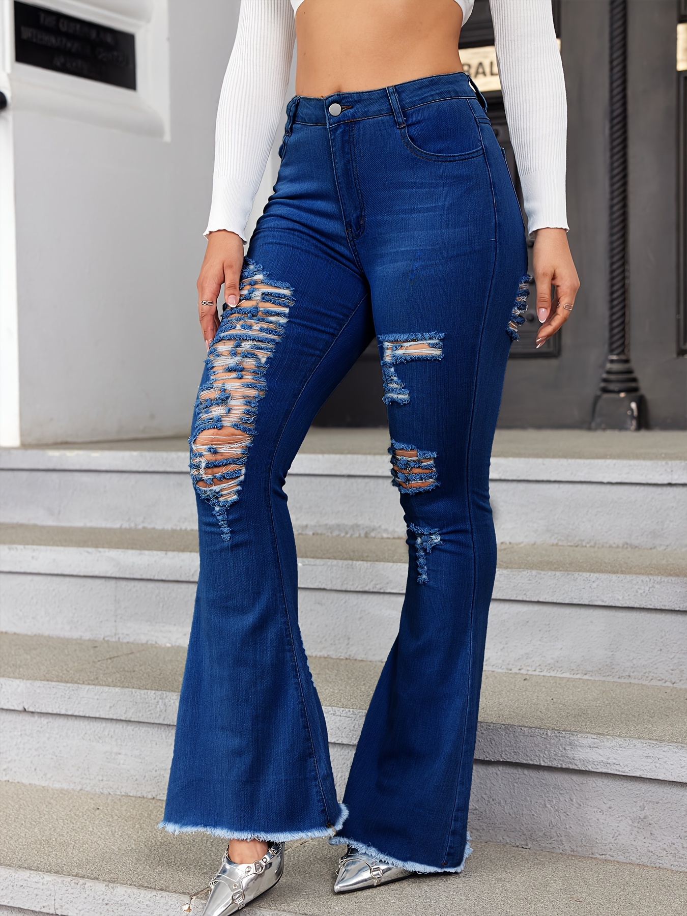New Women's Fashion High Waist Flare Jeans Bell Bottom Ripped Female Jeans  For Women Denim Skinny Jeans Mom Wide Leg Plus Size Pants