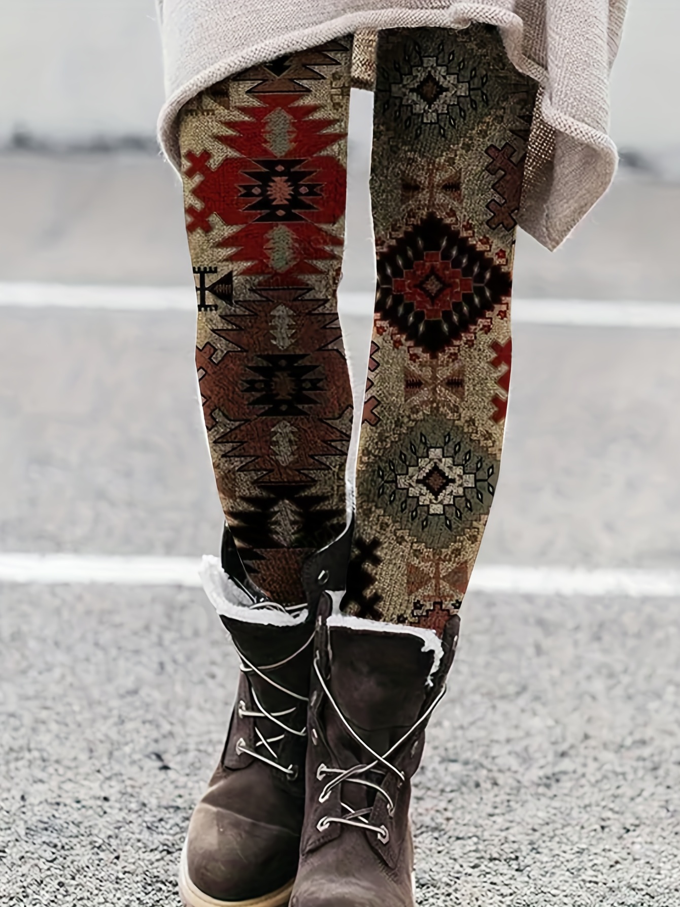 Western Ethnic Print Skinny Leggings Casual Elastic Waist - Temu