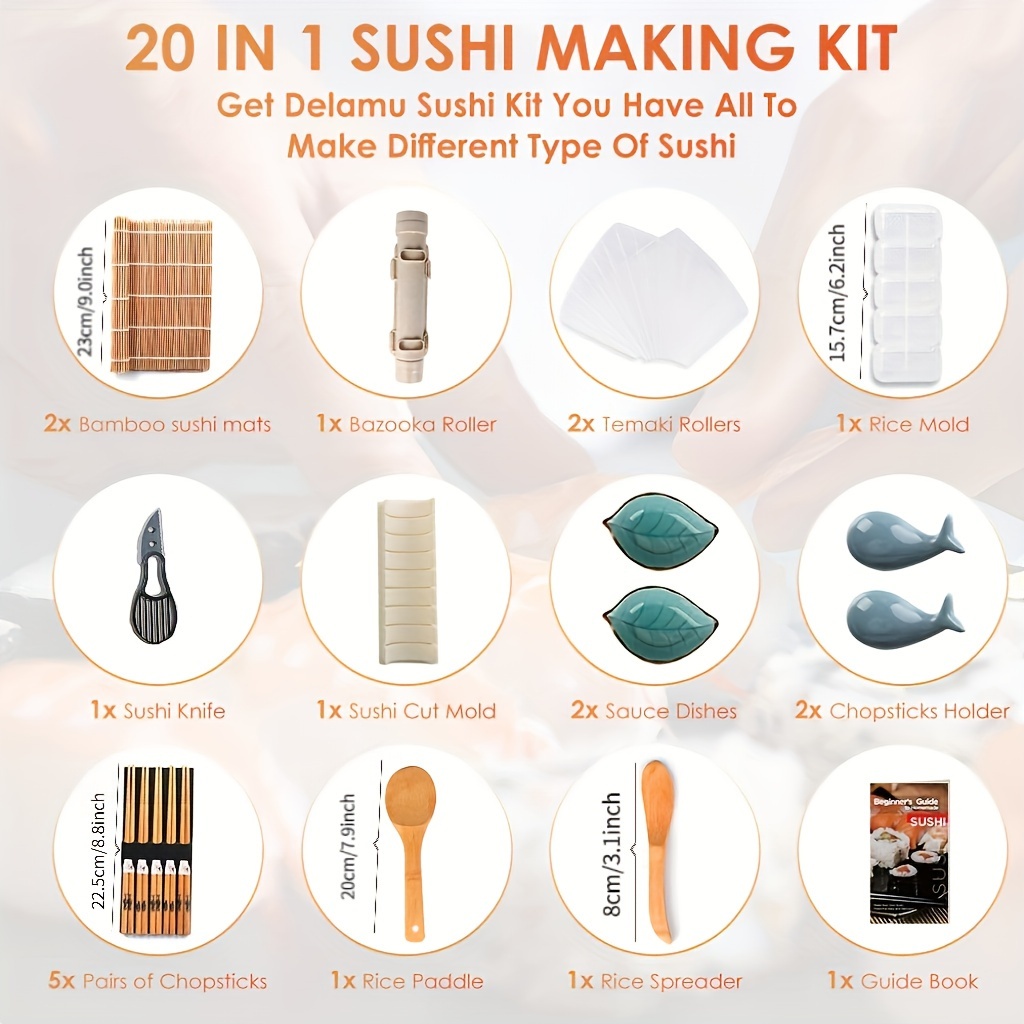 Sushi Maker Set, Sushi Roller Kit, Rice Mold, Bazooka Roller, Rice Paddle,  Avocado Cutter, Rice Spreader, Chopsticks, Chopsticks Rest Holder, Nigiri  Mold, Sauce Dishes, Silicone Brush, Guide Book, Kitchen Tools, Kitchen  Supplies 