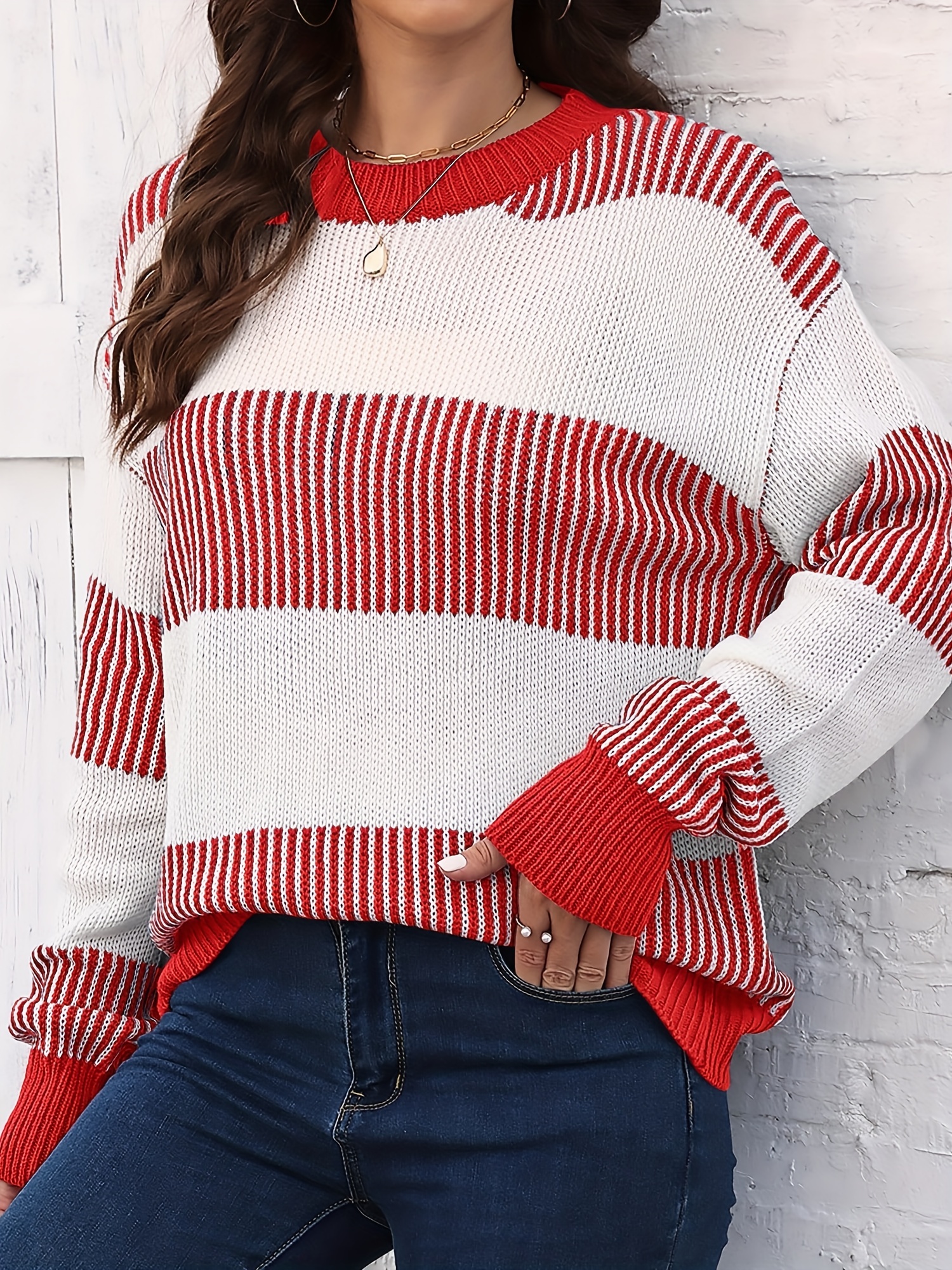 Red and white hot sale striped sweater womens