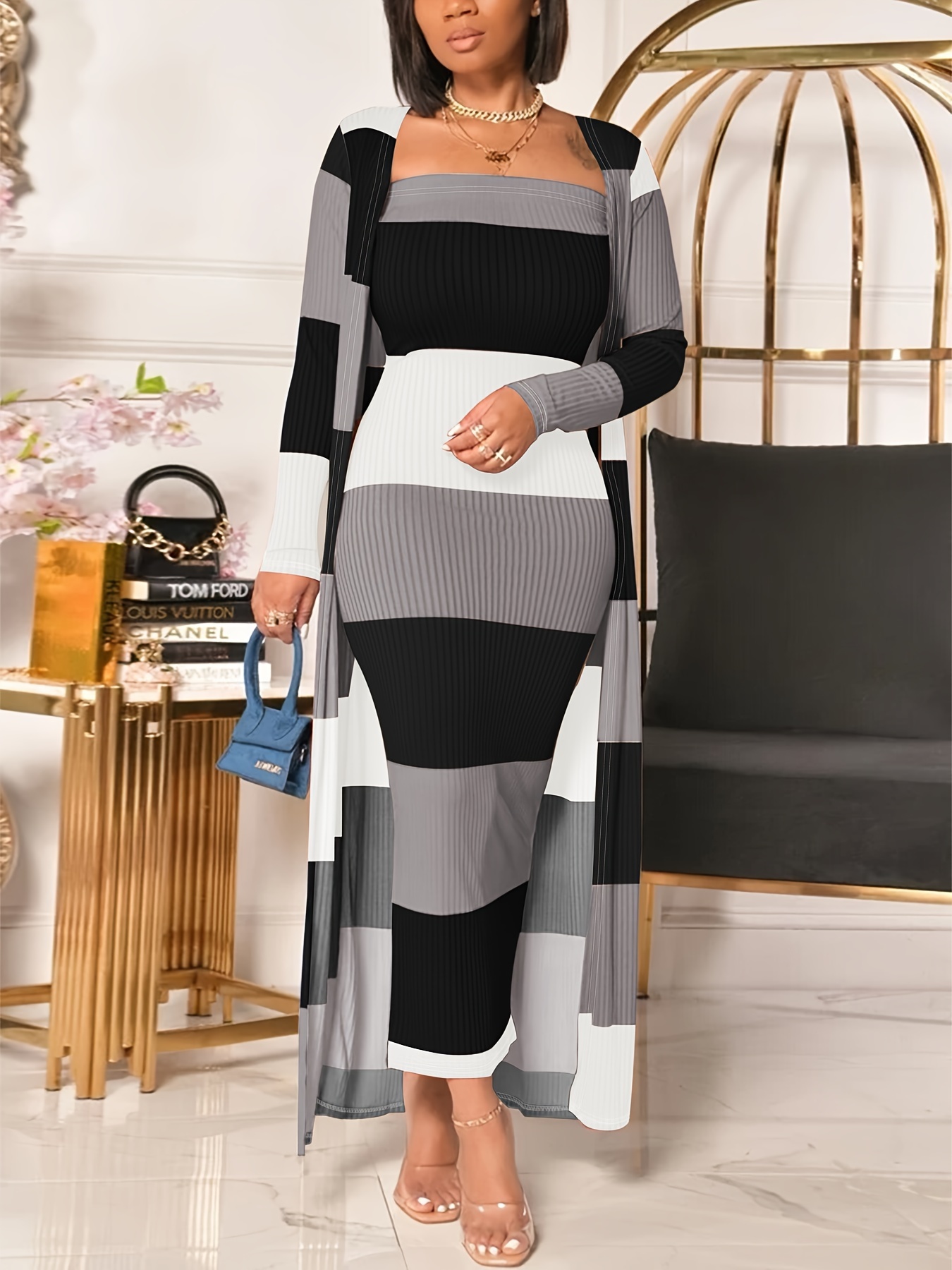 Plus Size Casual Outfits Set, Women's Plus Colorblock Stripe Print