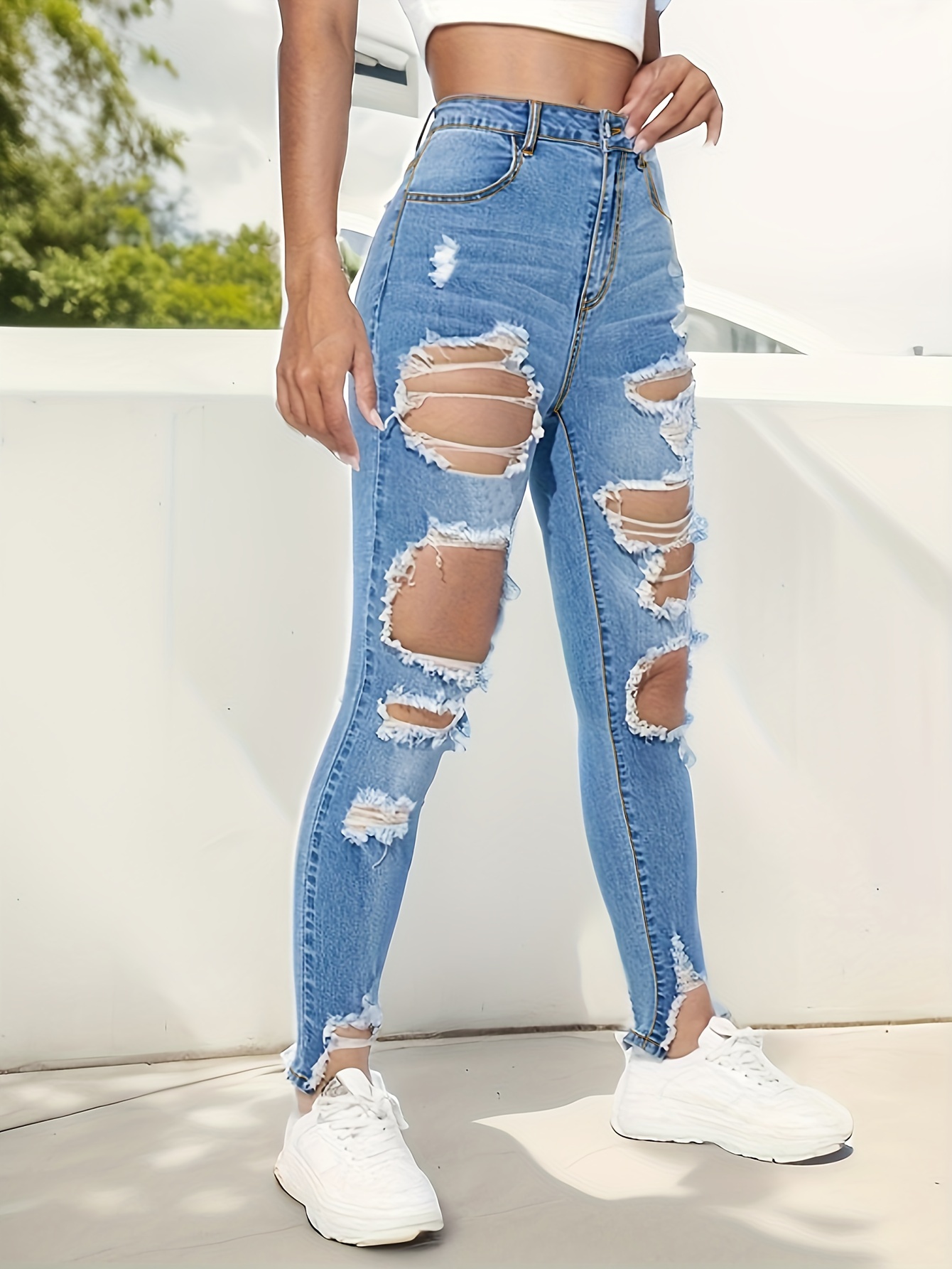 Button Fly Solid Color Ripped Washed Jeans, Women's Long Length Denim Slim Fit Ripped Holes High Stretch Distressed Tight Clothing Skinny Jeans