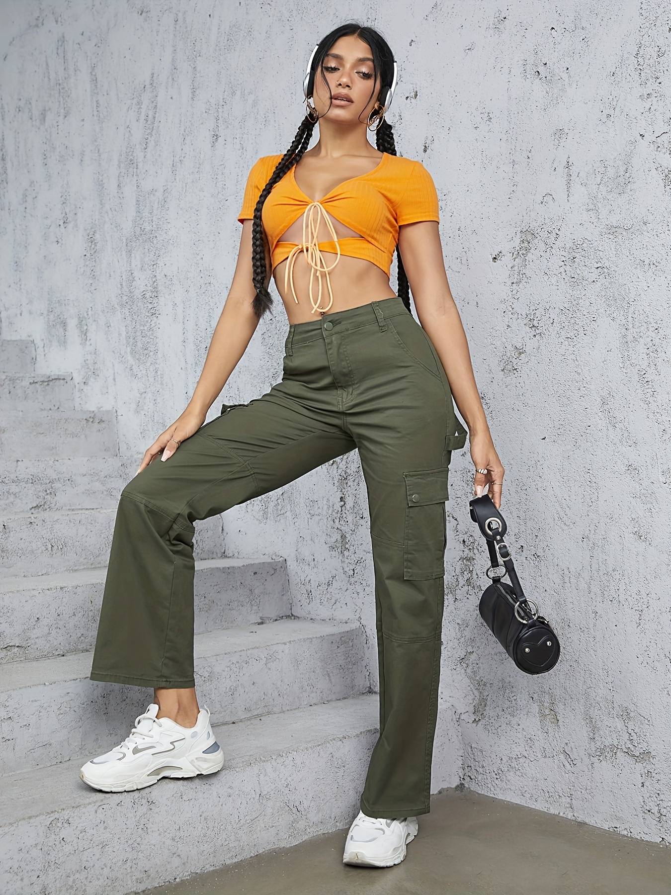 Solid High Waist Flap Pocket Cargo Trousers  Cargo pants women outfit, Cargo  pants outfit, Green cargo pants